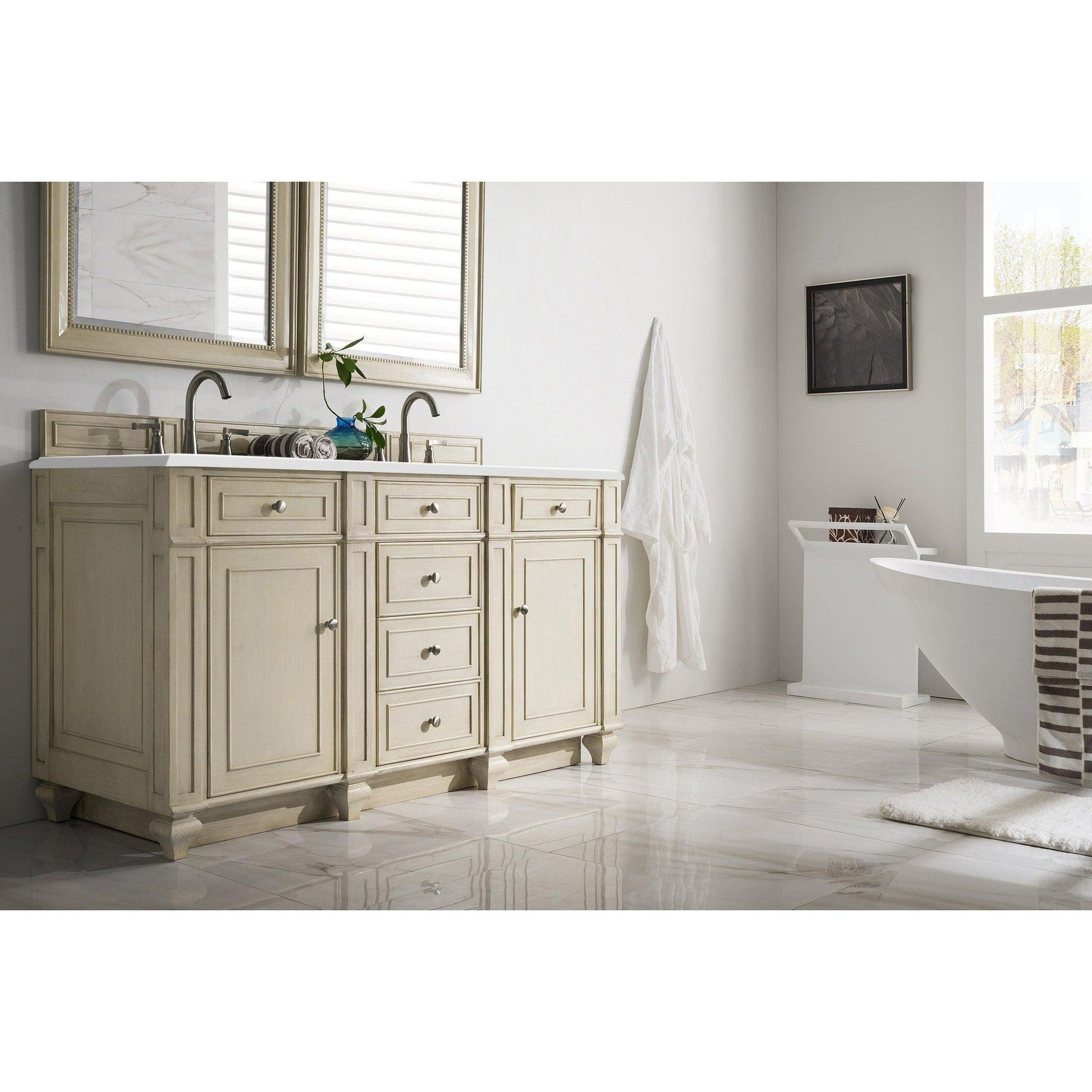 James Martin Vanities Bristol 60" Vintage Vanilla Double Vanity With 3cm White Zeus Quartz Top