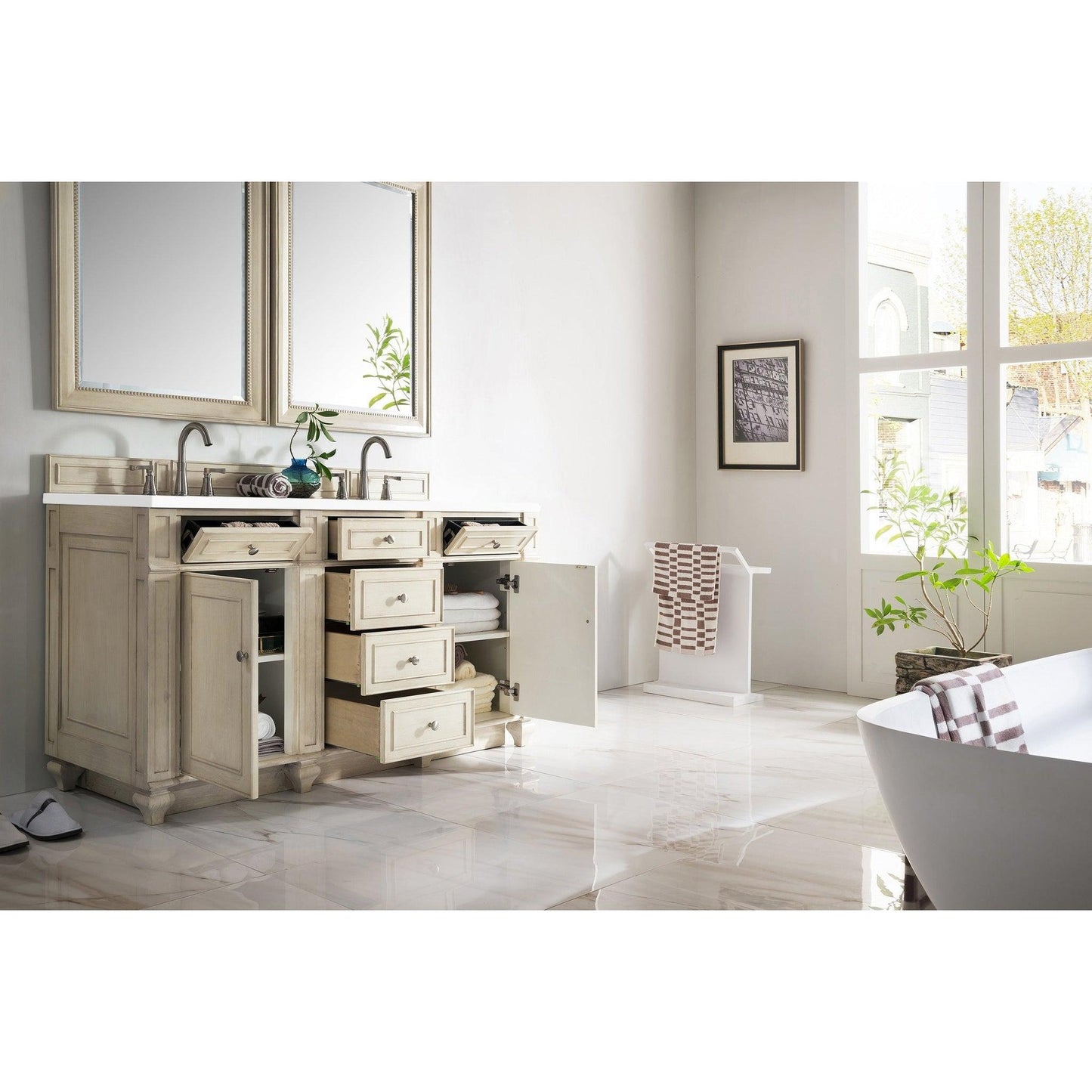 James Martin Vanities Bristol 60" Vintage Vanilla Double Vanity With 3cm White Zeus Quartz Top