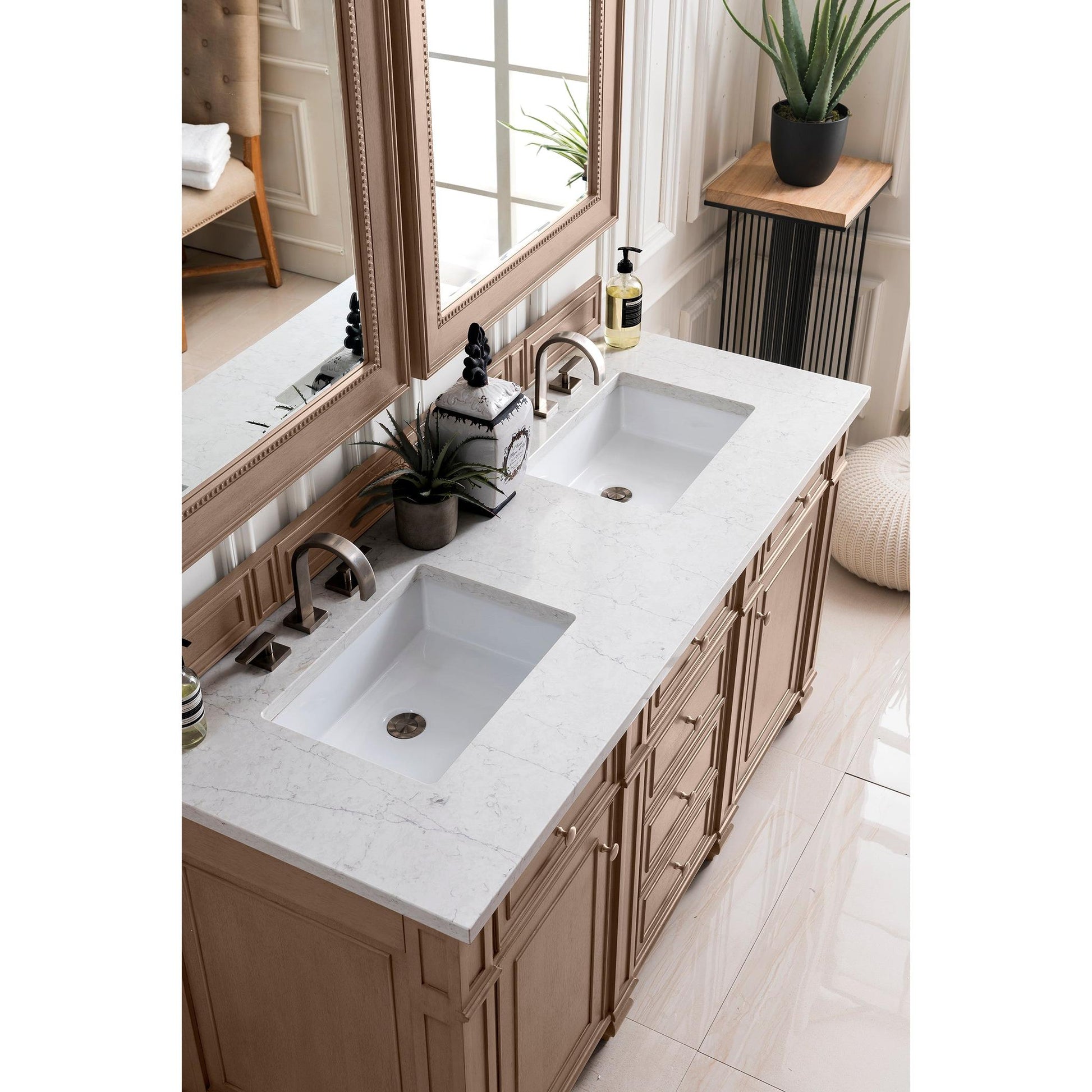 James Martin Vanities Bristol 60" Whitewashed Walnut Double Vanity With 3 cm Eternal Jasmine Pearl Silestone Top and FreePower Wireless Charger