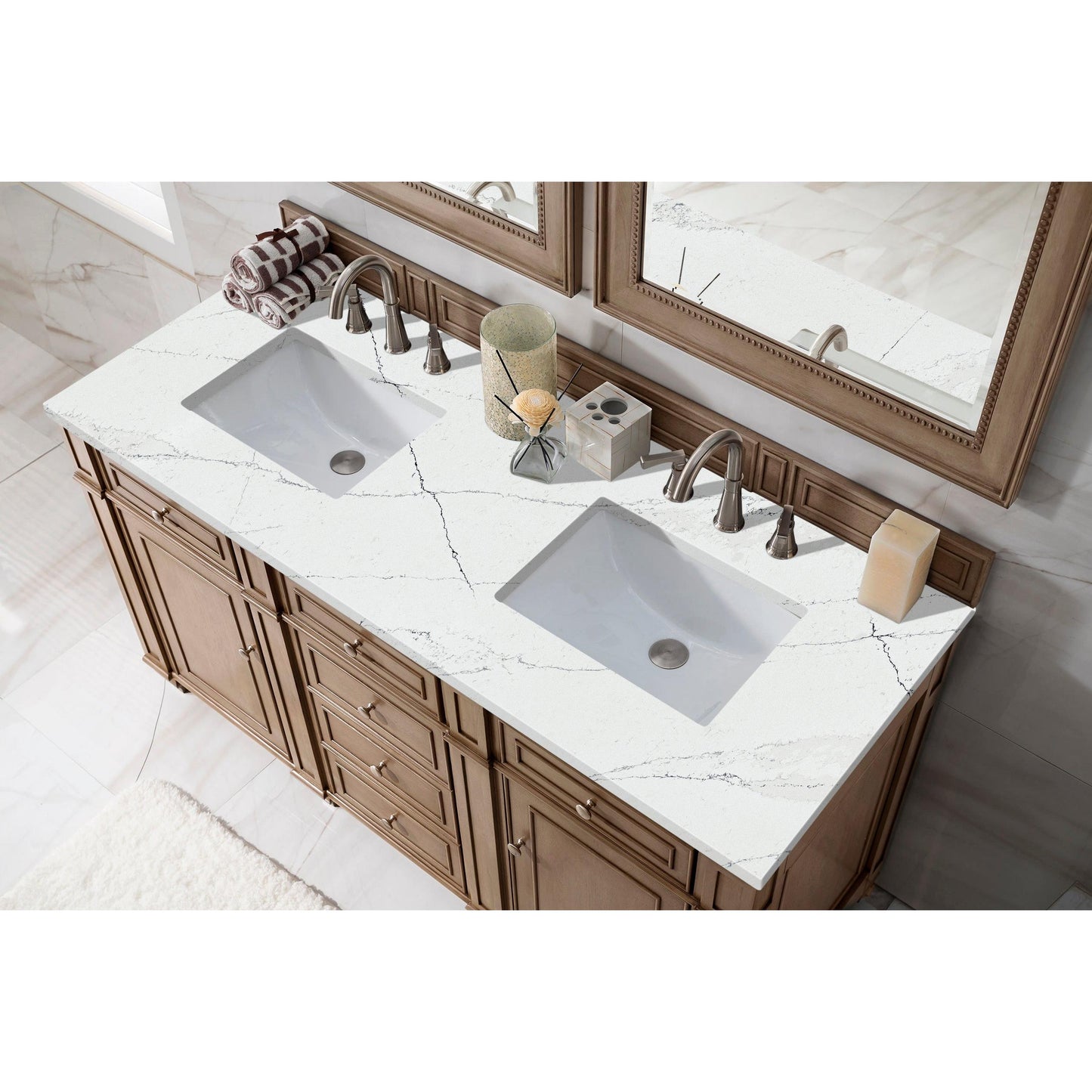 James Martin Vanities Bristol 60" Whitewashed Walnut Double Vanity With 3 cm Ethereal Noctis Silestone Top and FreePower Wireless Charger