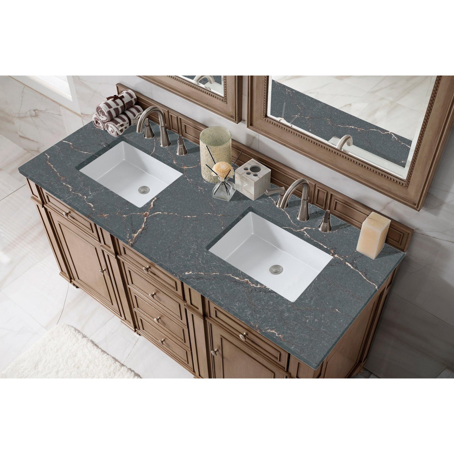 James Martin Vanities Bristol 60" Whitewashed Walnut Double Vanity With 3 cm Parisien Bleu Silestone Top and FreePower Wireless Charger
