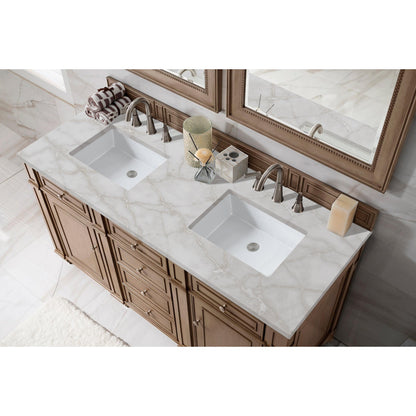 James Martin Vanities Bristol 60" Whitewashed Walnut Double Vanity With 3 cm Victorian Silver Silestone Top and FreePower Wireless Charger