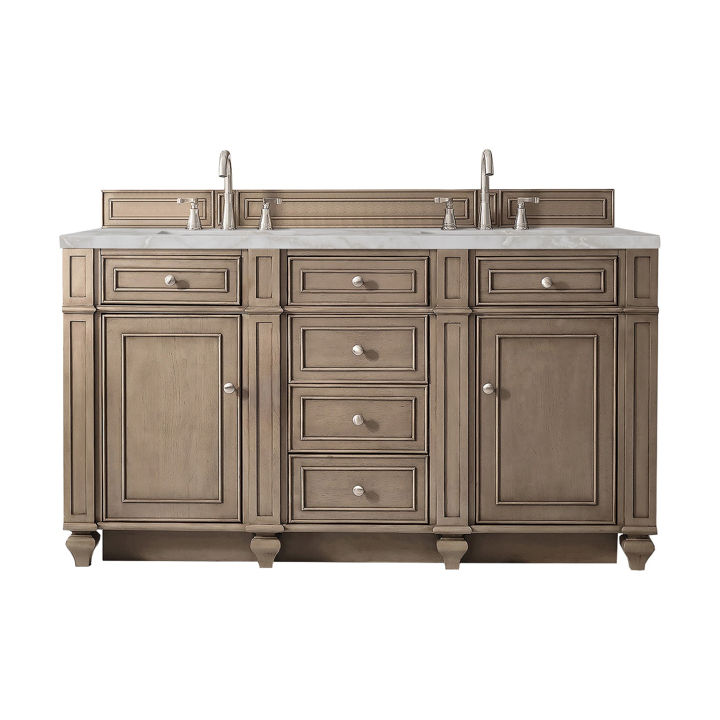 James Martin Vanities Bristol 60" Whitewashed Walnut Double Vanity With 3 cm Victorian Silver Silestone Top and FreePower Wireless Charger