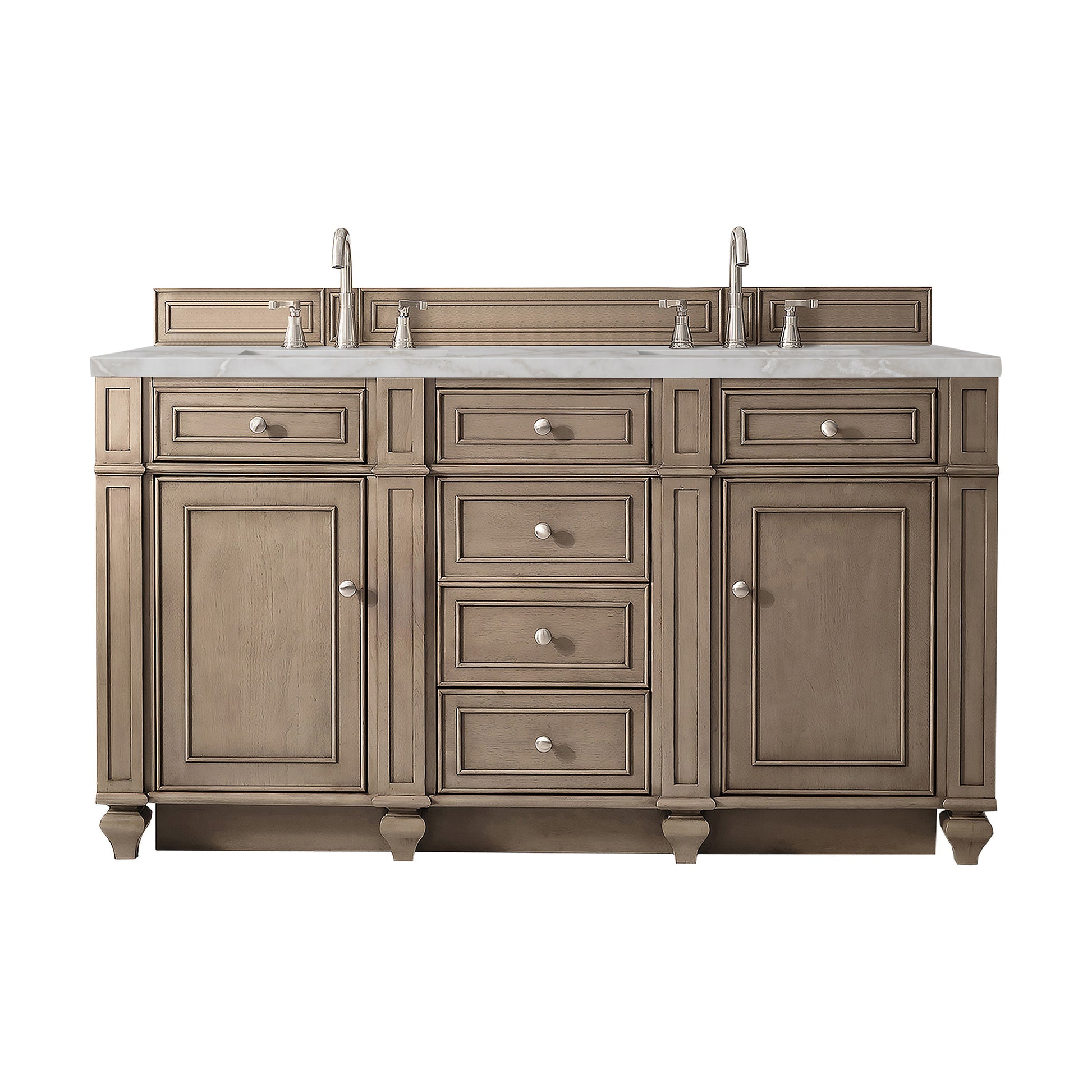 James Martin Vanities Bristol 60" Whitewashed Walnut Double Vanity With 3 cm Victorian Silver Silestone Top and FreePower Wireless Charger