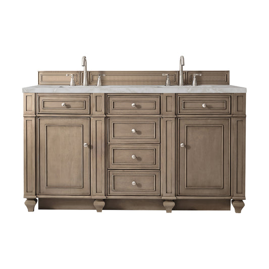 James Martin Vanities Bristol 60" Whitewashed Walnut Double Vanity With 3 cm Victorian Silver Silestone Top and FreePower Wireless Charger