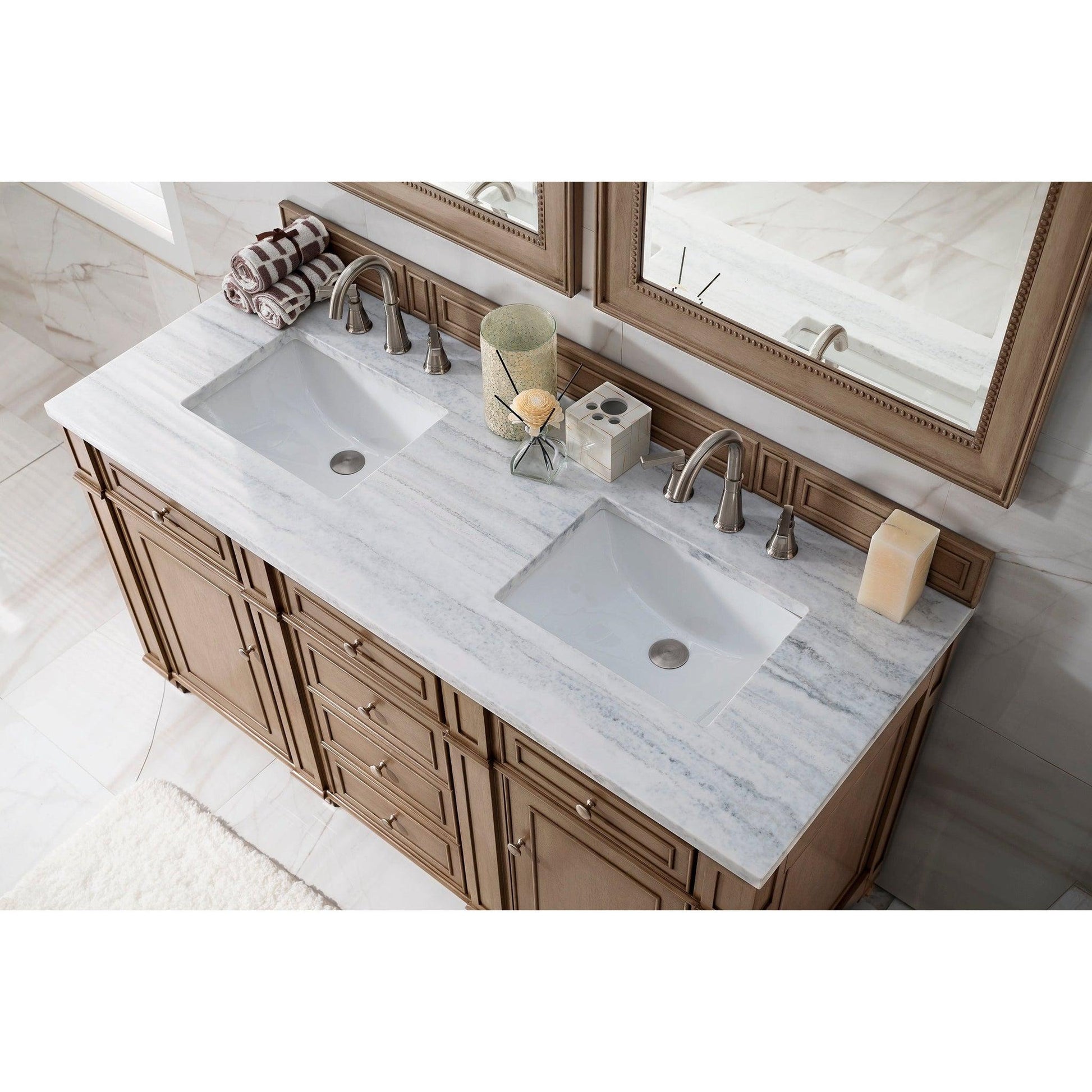 James Martin Vanities Bristol 60" Whitewashed Walnut Double Vanity With 3cm Arctic Fall Solid Surface Top