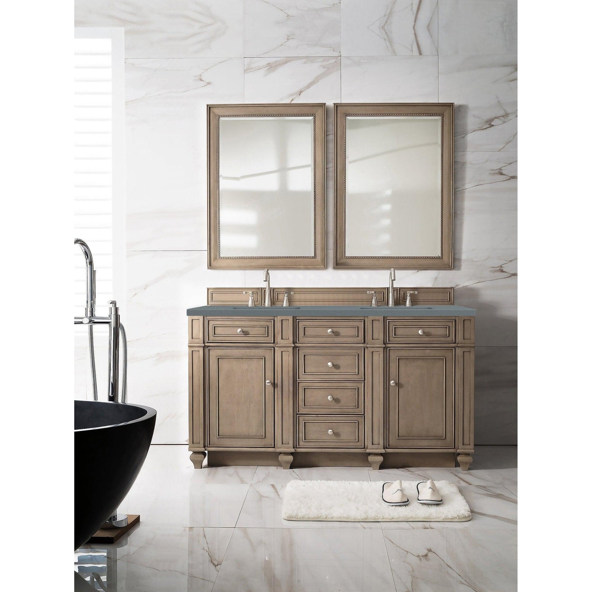 James Martin Vanities Bristol 60" Whitewashed Walnut Double Vanity With 3cm Cala Blue Quartz Top