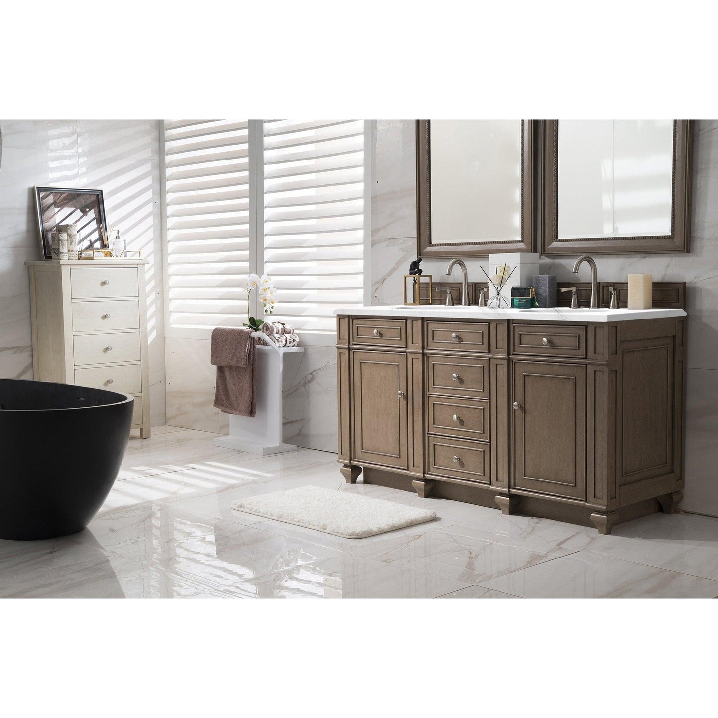 James Martin Vanities Bristol 60" Whitewashed Walnut Double Vanity With 3cm Carrara Marble Top