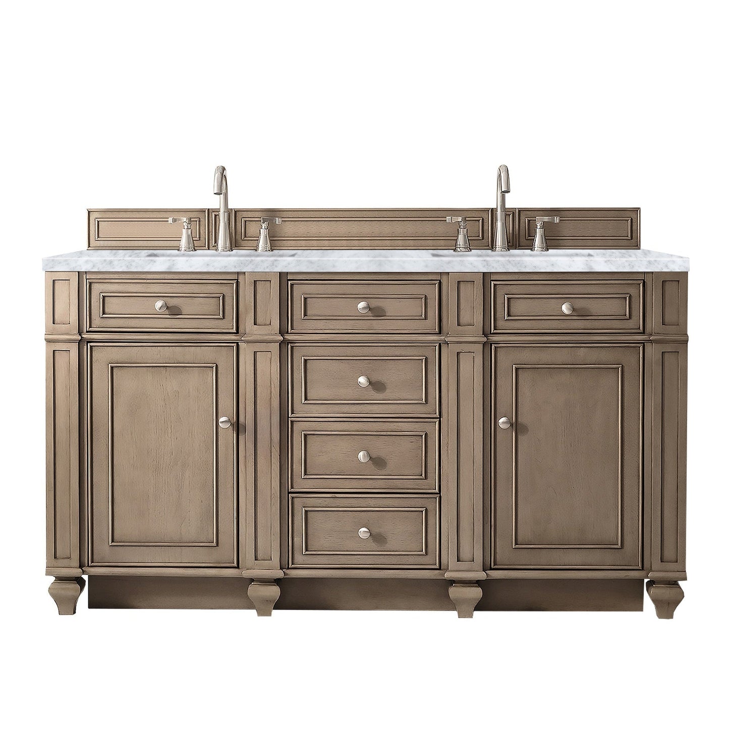 James Martin Vanities Bristol 60" Whitewashed Walnut Double Vanity With 3cm Carrara Marble Top