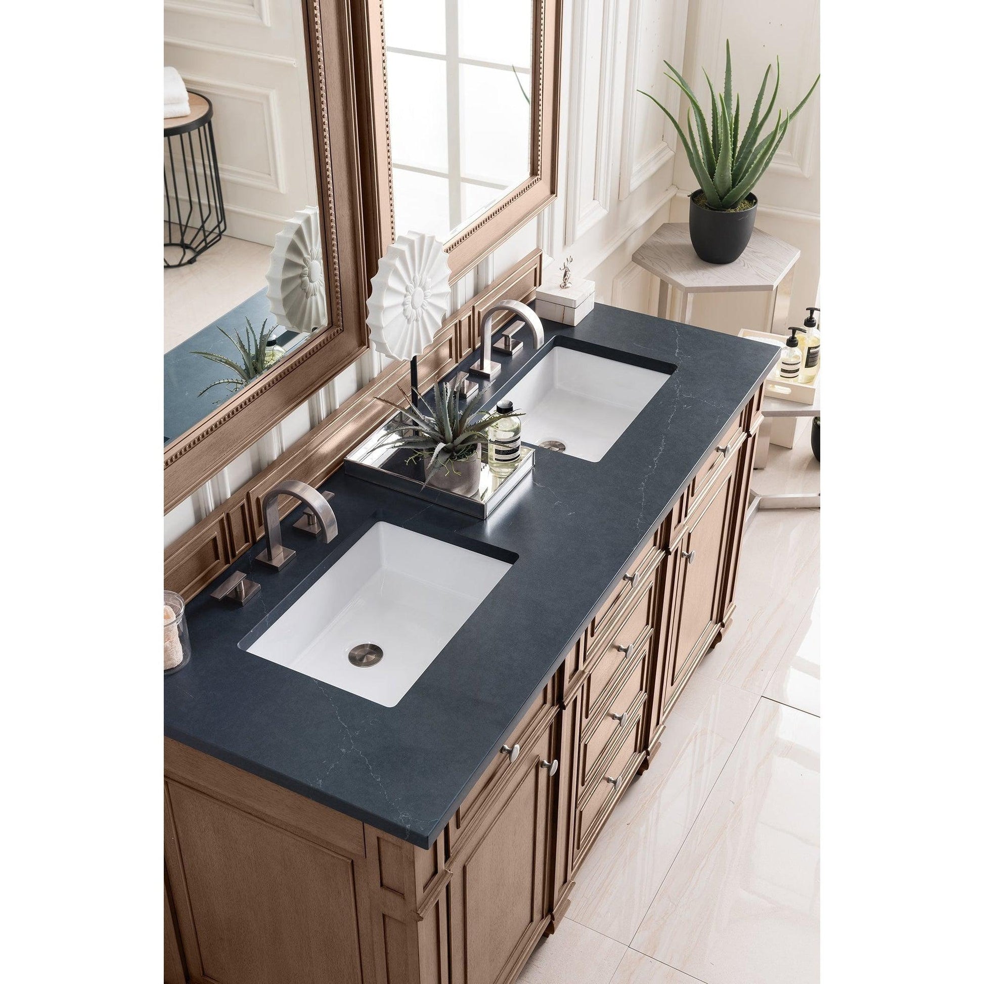 James Martin Vanities Bristol 60" Whitewashed Walnut Double Vanity With 3cm Charcoal Soapstone Quartz Top