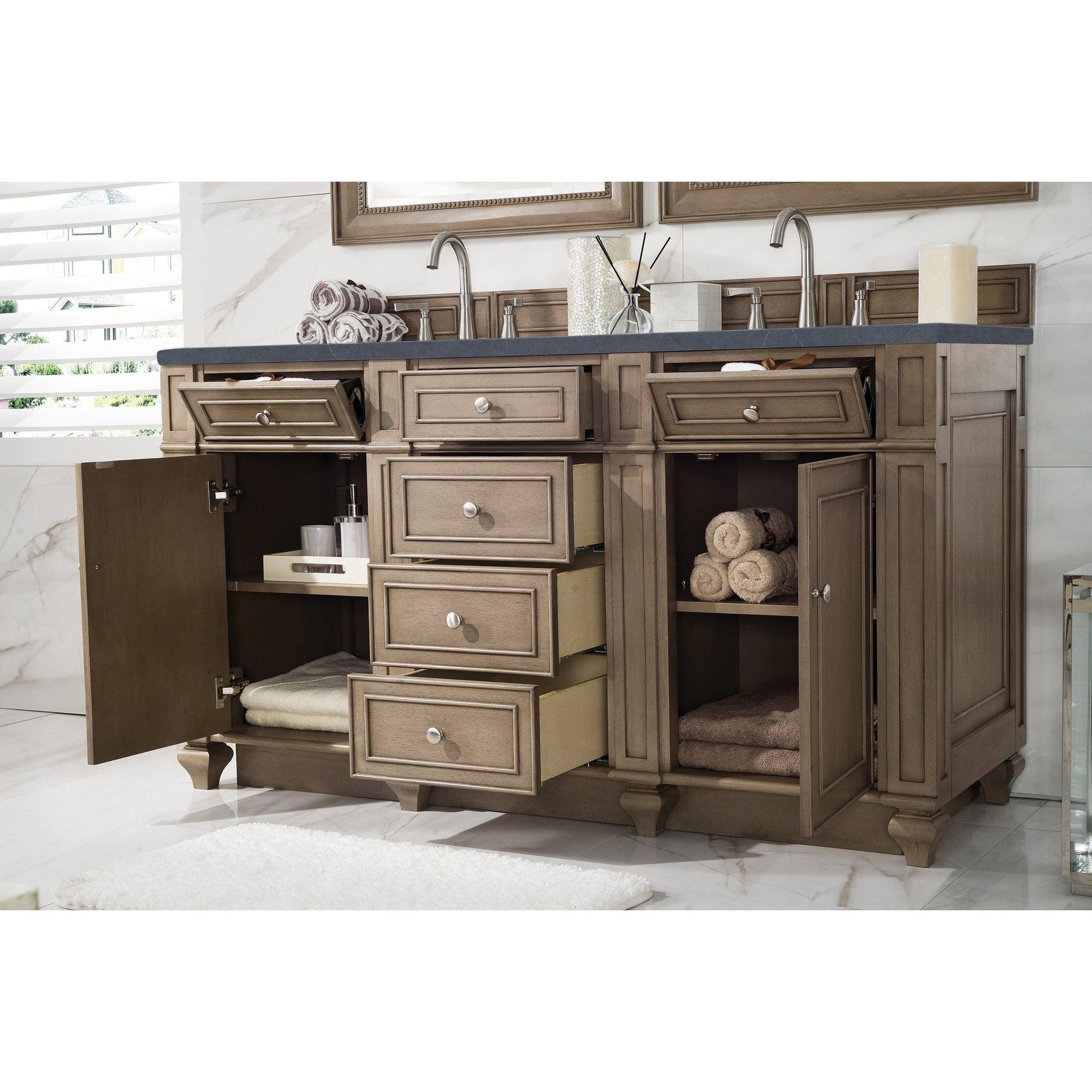 James Martin Vanities Bristol 60" Whitewashed Walnut Double Vanity With 3cm Charcoal Soapstone Quartz Top