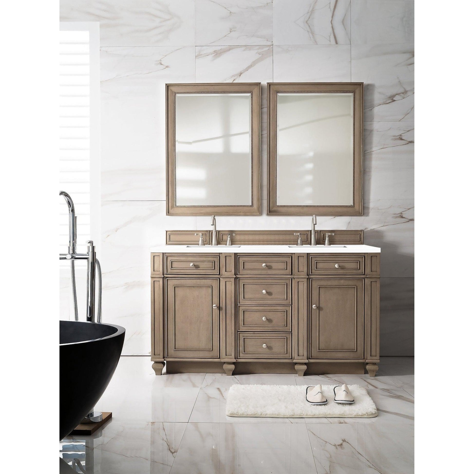 James Martin Vanities Bristol 60" Whitewashed Walnut Double Vanity With 3cm White Zeus Quartz Top