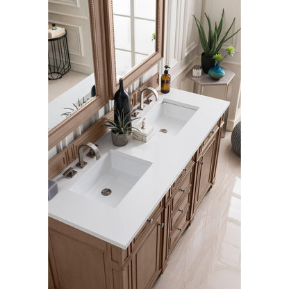 James Martin Vanities Bristol 60" Whitewashed Walnut Double Vanity With 3cm White Zeus Quartz Top