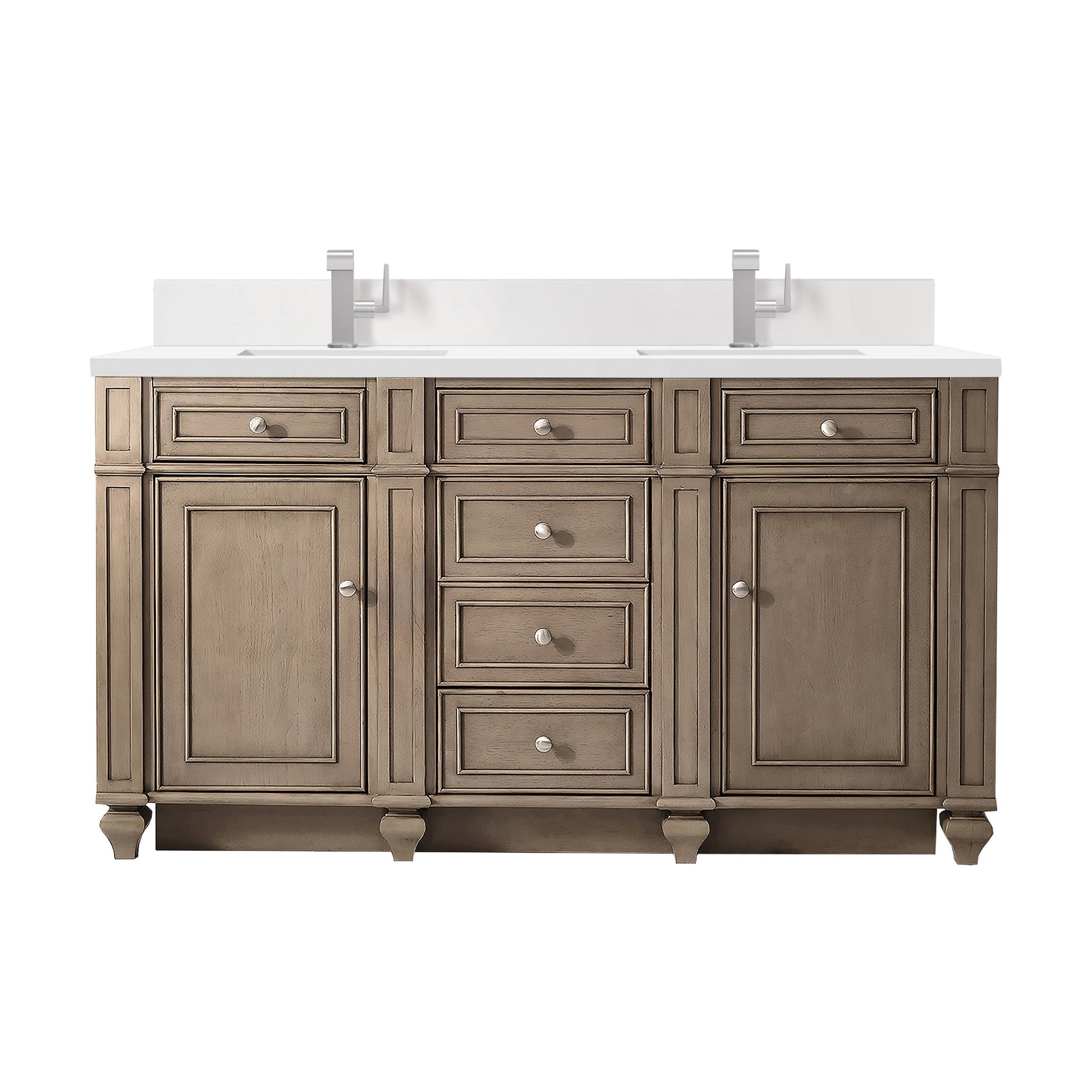 James Martin Vanities Bristol 60" Whitewashed Walnut Double Vanity With Single Hole 3 cm White Zeus Quartz Top & Backsplash