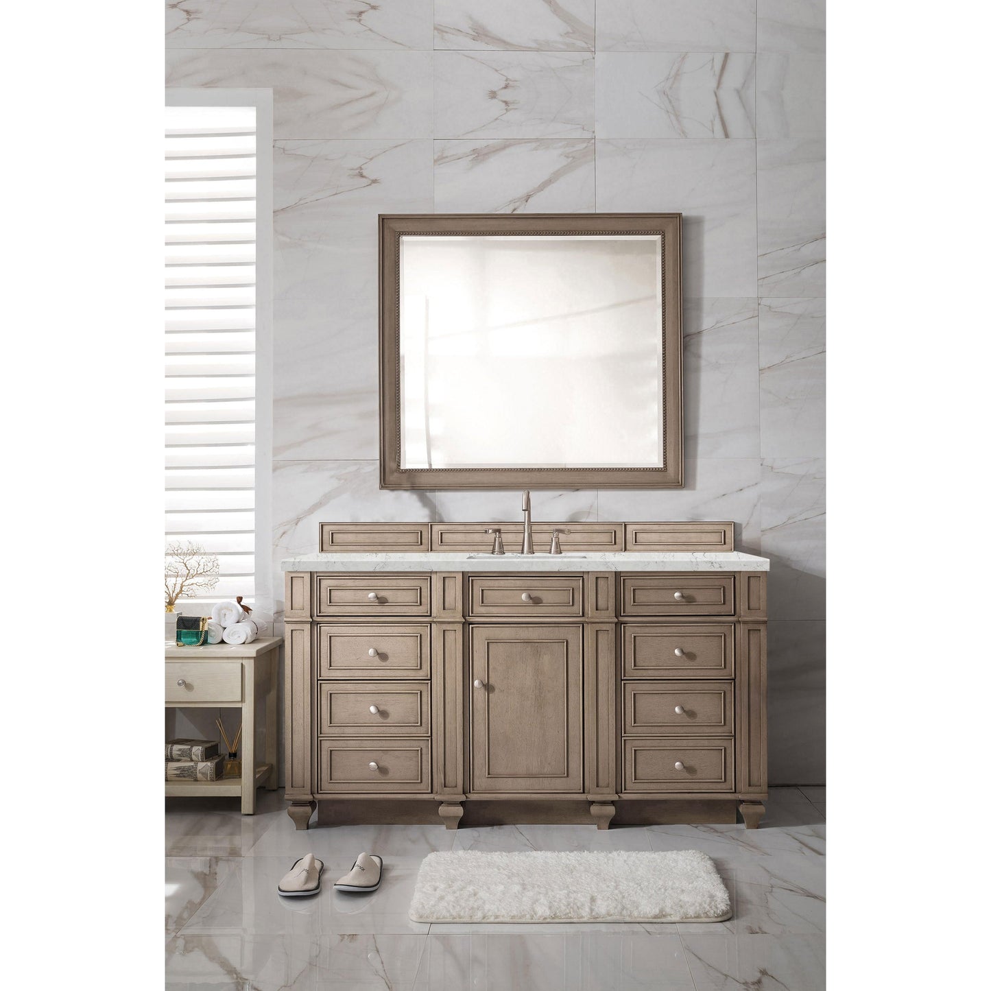 James Martin Vanities Bristol 60" Whitewashed Walnut Single Vanity With 3 cm Eternal Jasmine Pearl Silestone Top and FreePower Wireless Charger