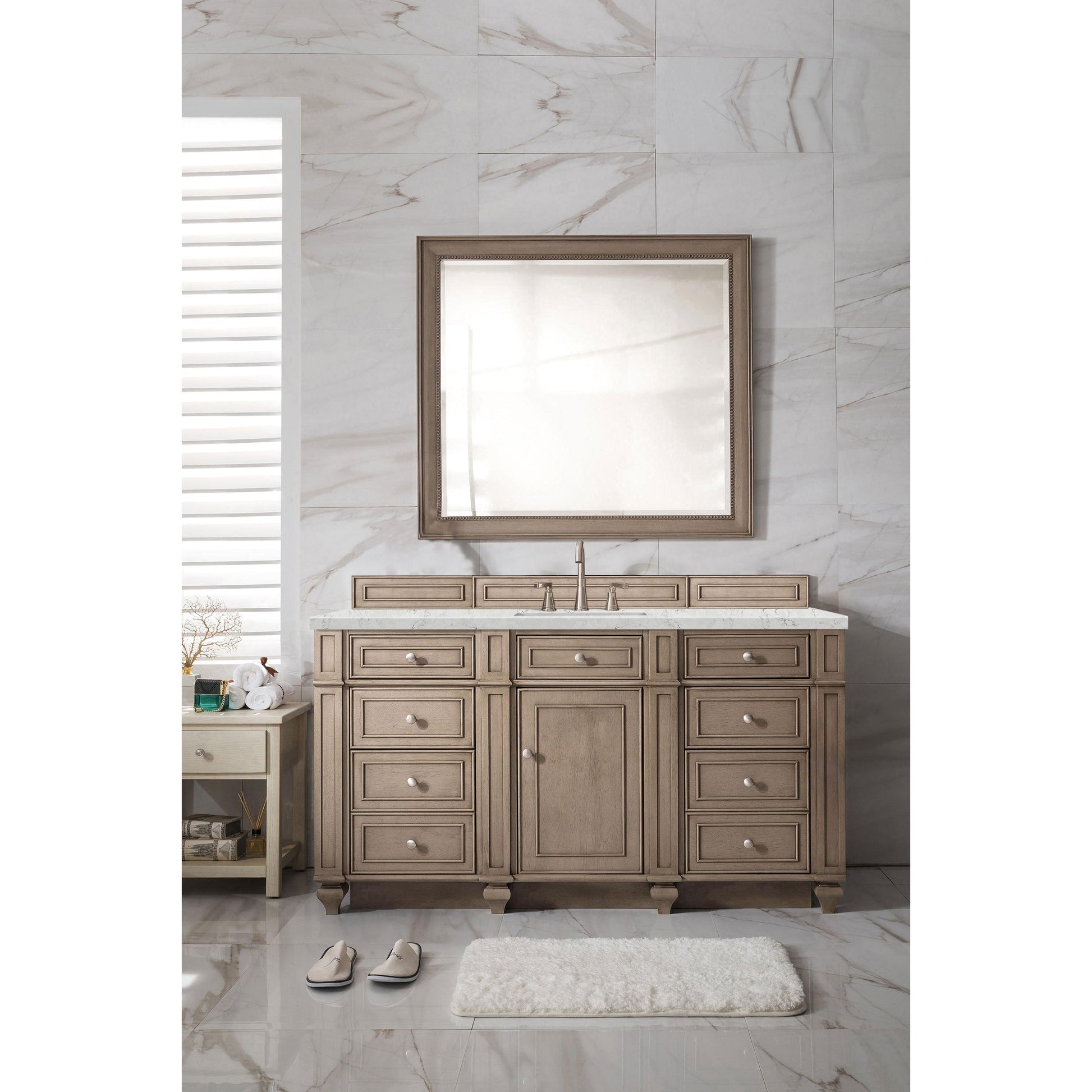 James Martin Vanities Bristol 60" Whitewashed Walnut Single Vanity With 3 cm Eternal Jasmine Pearl Silestone Top and FreePower Wireless Charger