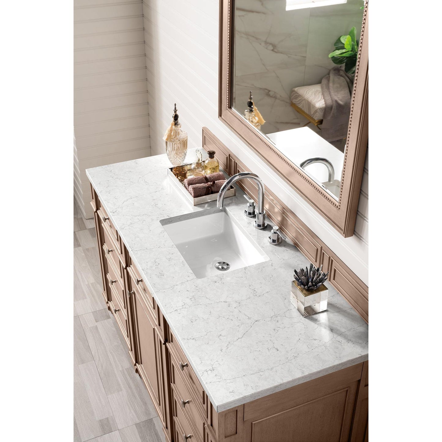 James Martin Vanities Bristol 60" Whitewashed Walnut Single Vanity With 3 cm Eternal Jasmine Pearl Silestone Top and FreePower Wireless Charger
