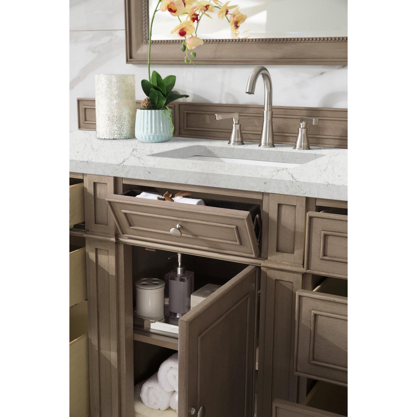 James Martin Vanities Bristol 60" Whitewashed Walnut Single Vanity With 3 cm Eternal Jasmine Pearl Silestone Top and FreePower Wireless Charger
