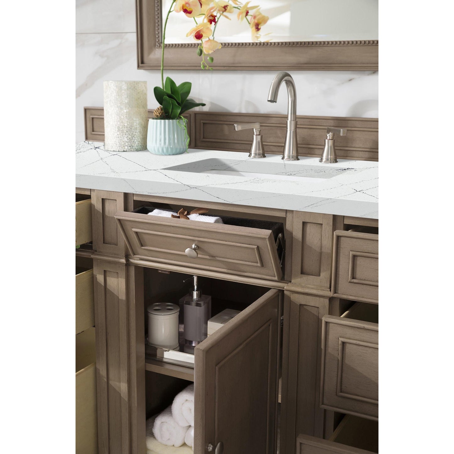 James Martin Vanities Bristol 60" Whitewashed Walnut Single Vanity With 3 cm Ethereal Noctis Silestone Top and FreePower Wireless Charger