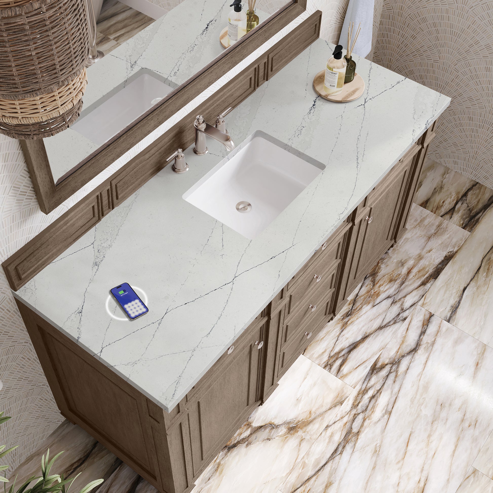 James Martin Vanities Bristol 60" Whitewashed Walnut Single Vanity With 3 cm Ethereal Noctis Silestone Top and FreePower Wireless Charger