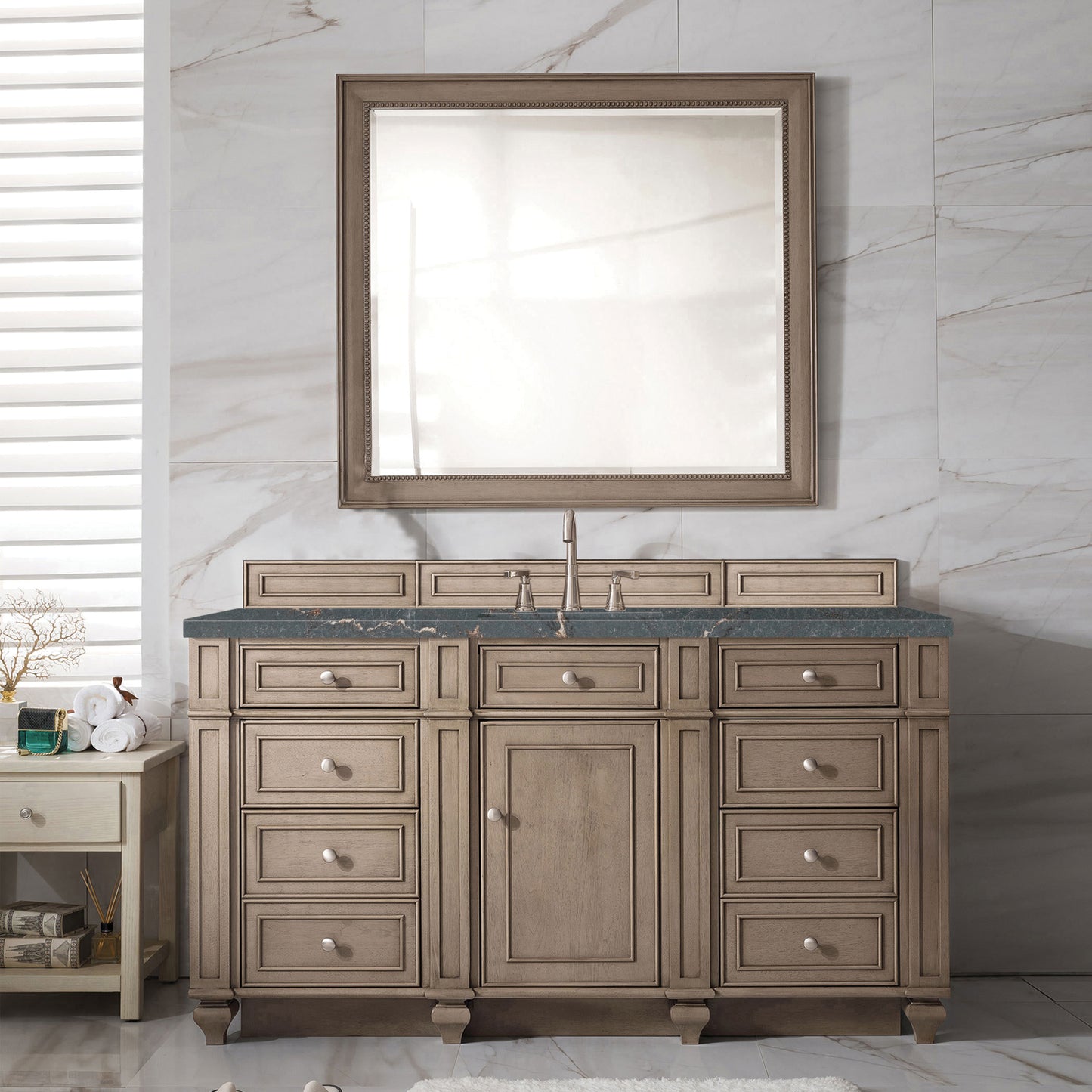 James Martin Vanities Bristol 60" Whitewashed Walnut Single Vanity With 3 cm Parisien Bleu Silestone Top and FreePower Wireless Charger