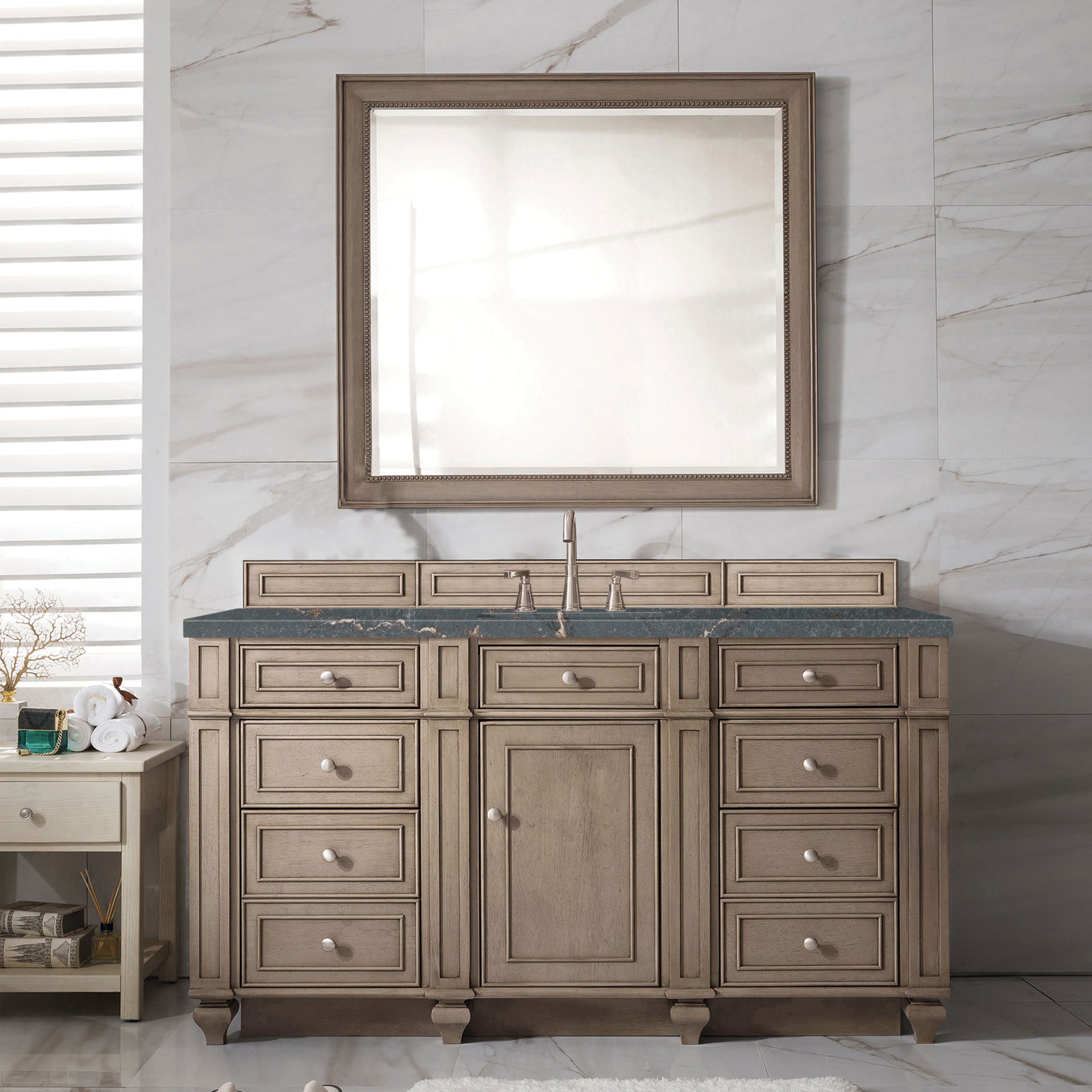 James Martin Vanities Bristol 60" Whitewashed Walnut Single Vanity With 3 cm Parisien Bleu Silestone Top and FreePower Wireless Charger