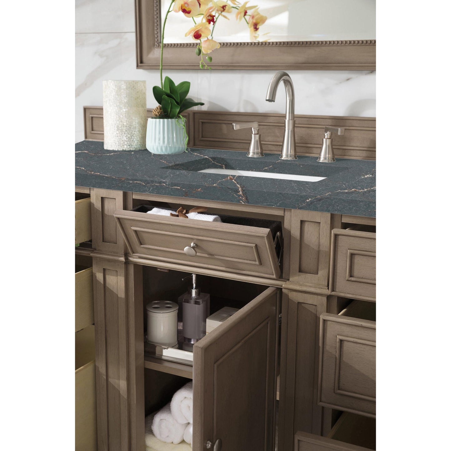 James Martin Vanities Bristol 60" Whitewashed Walnut Single Vanity With 3 cm Parisien Bleu Silestone Top and FreePower Wireless Charger
