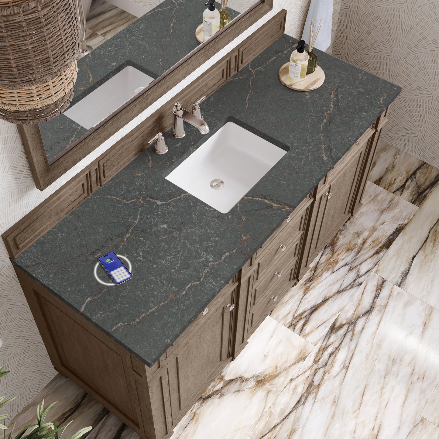 James Martin Vanities Bristol 60" Whitewashed Walnut Single Vanity With 3 cm Parisien Bleu Silestone Top and FreePower Wireless Charger