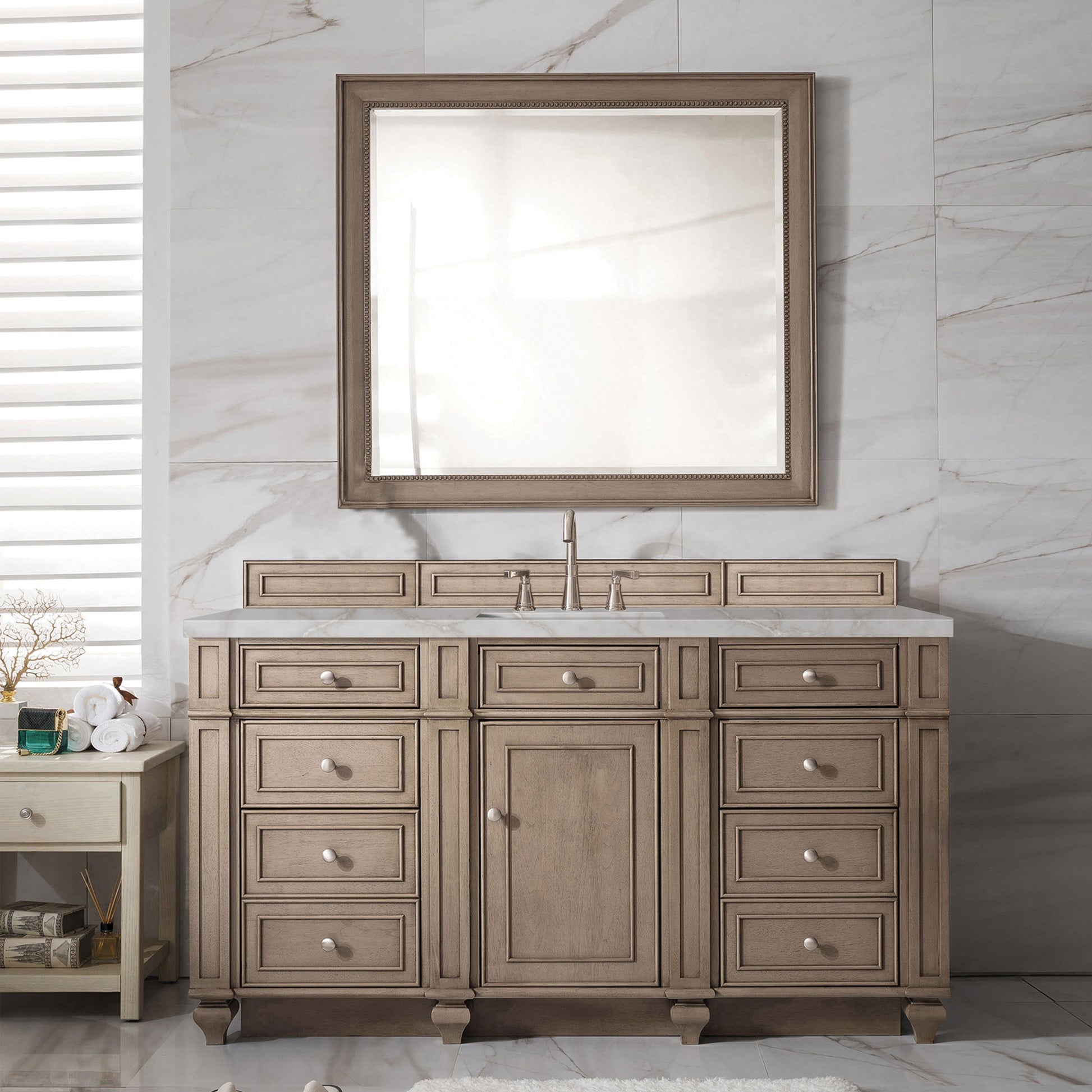 James Martin Vanities Bristol 60" Whitewashed Walnut Single Vanity With 3 cm Victorian Silver Quartz Top