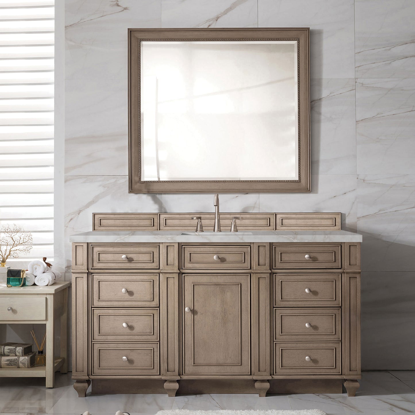 James Martin Vanities Bristol 60" Whitewashed Walnut Single Vanity With 3 cm Victorian Silver Silestone Top and FreePower Wireless Charger