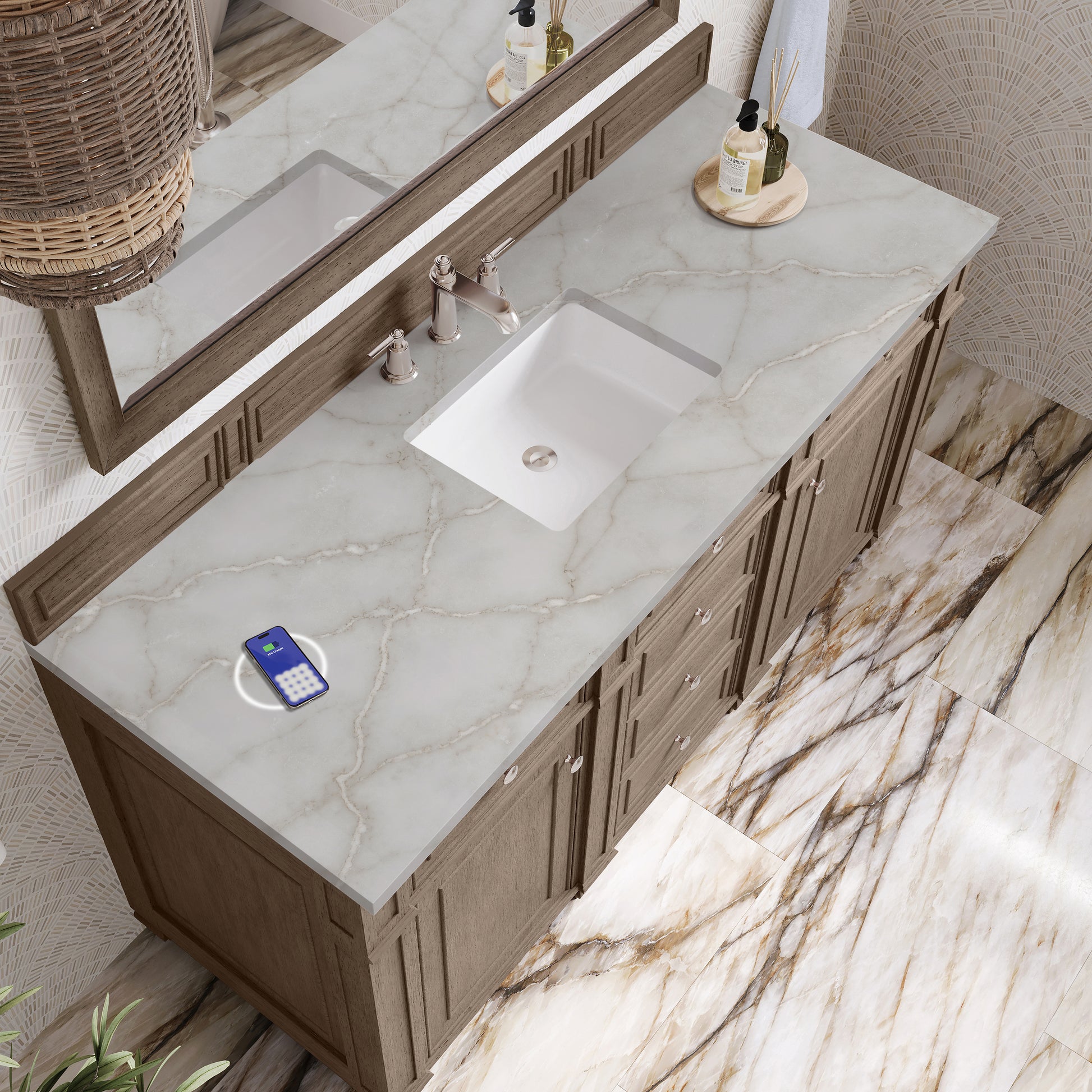 James Martin Vanities Bristol 60" Whitewashed Walnut Single Vanity With 3 cm Victorian Silver Silestone Top and FreePower Wireless Charger