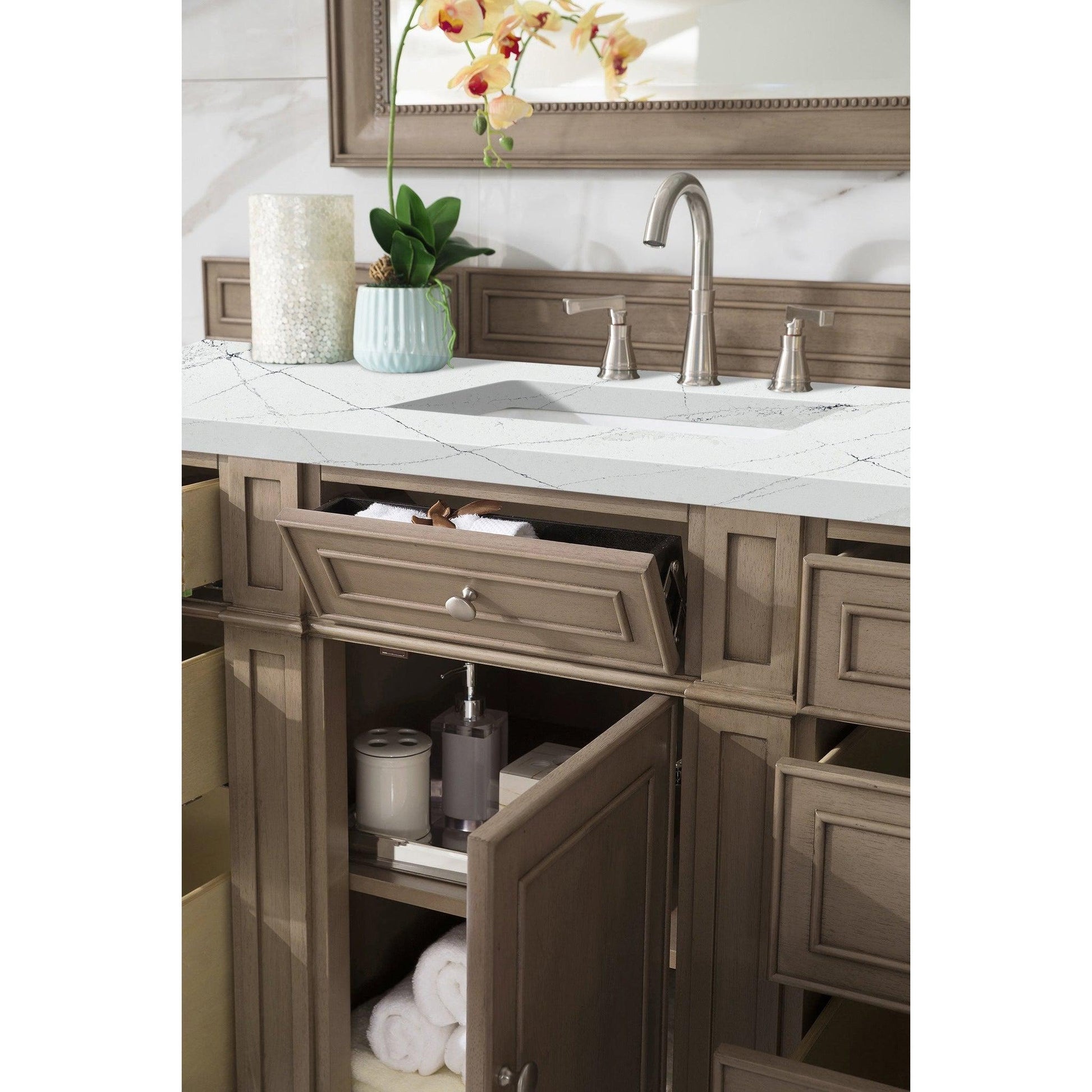 James Martin Vanities Bristol 60" Whitewashed Walnut Single Vanity With 3cm Ethereal Noctis Quartz Top