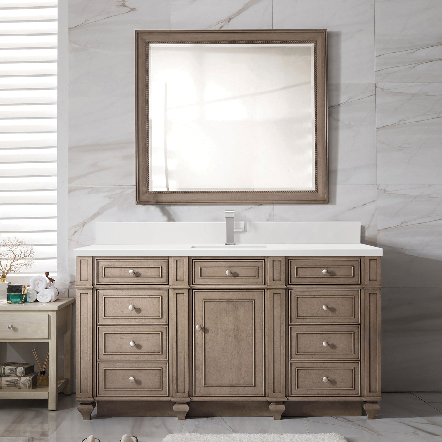 James Martin Vanities Bristol 60" Whitewashed Walnut Single Vanity With Single Hole 3 cm White Zeus Quartz Top & Backsplash