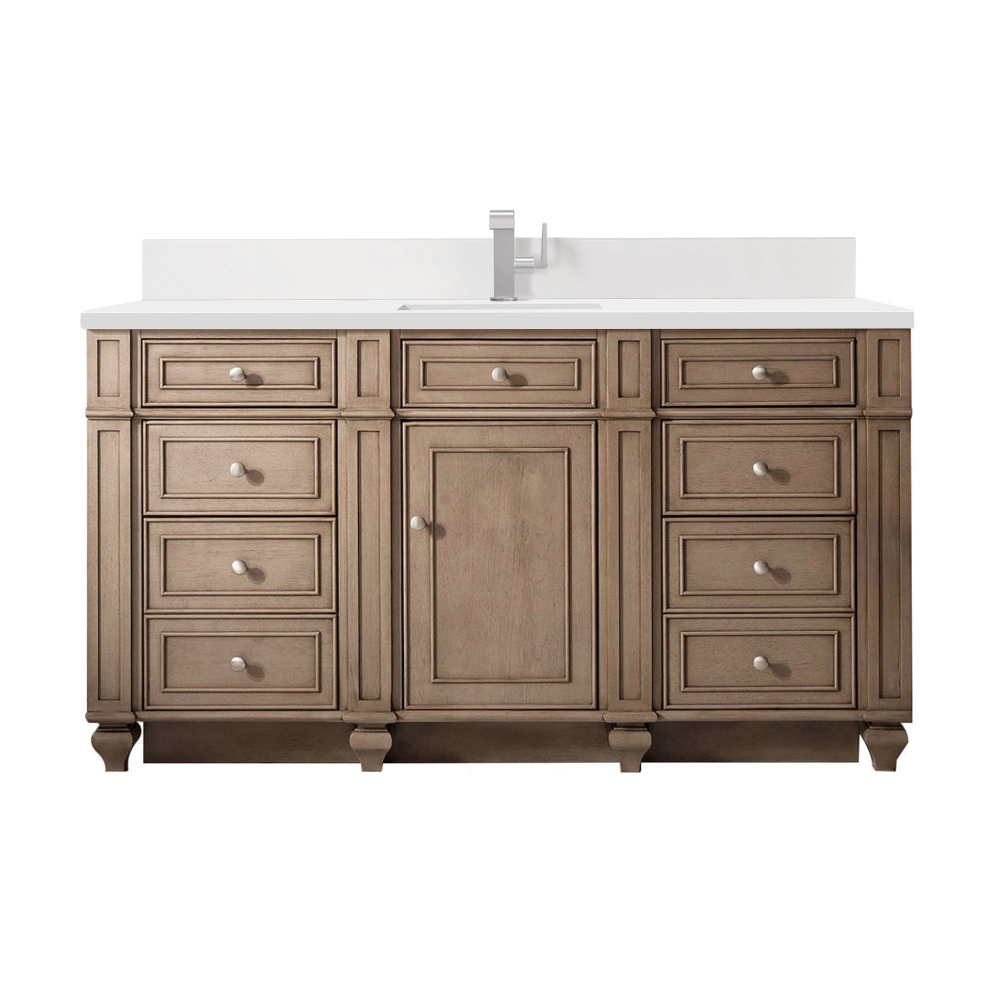 James Martin Vanities Bristol 60" Whitewashed Walnut Single Vanity With Single Hole 3 cm White Zeus Quartz Top & Backsplash