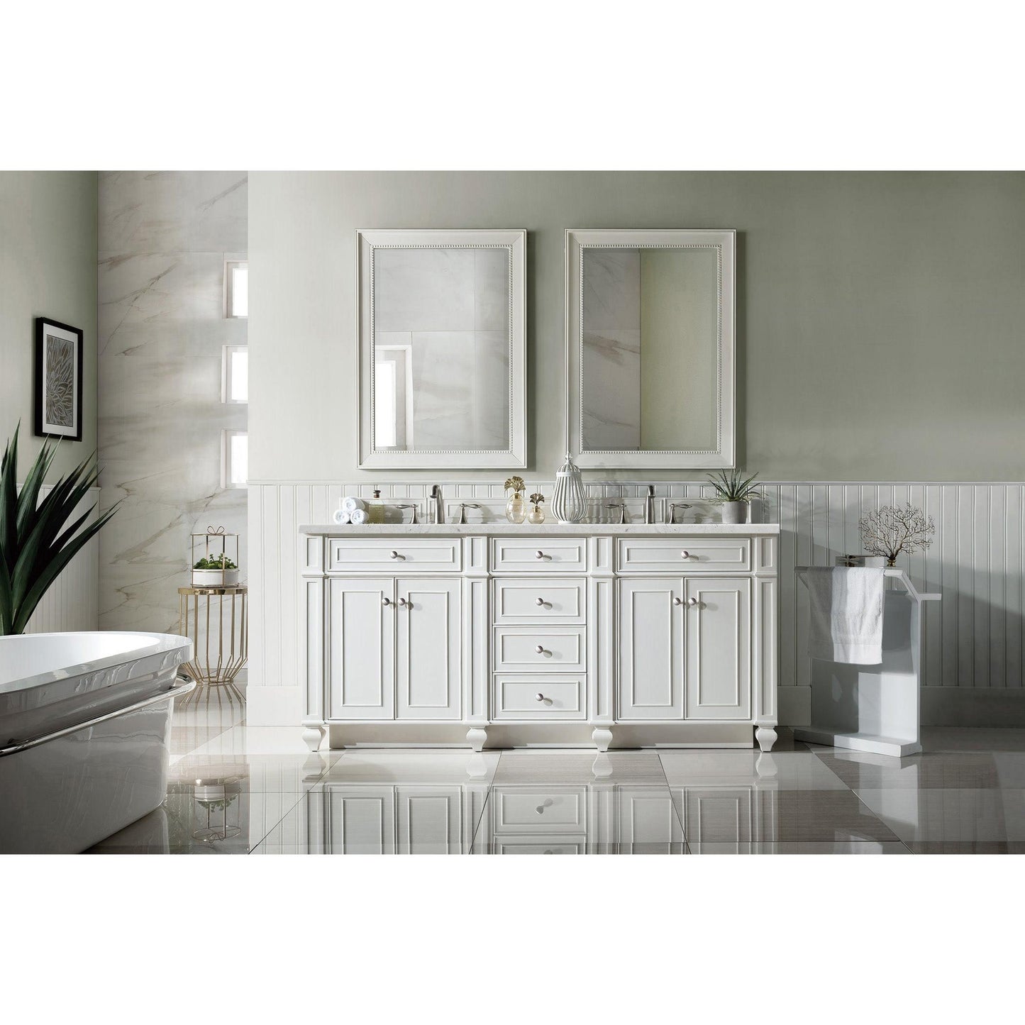 James Martin Vanities Bristol 72" Bright White Double Vanity With 3 cm Eternal Jasmine Pearl Silestone Top and FreePower Wireless Charger