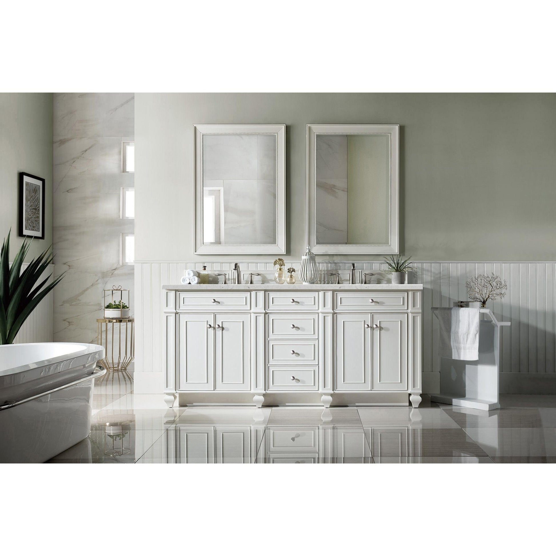 James Martin Vanities Bristol 72" Bright White Double Vanity With 3 cm Eternal Jasmine Pearl Silestone Top and FreePower Wireless Charger