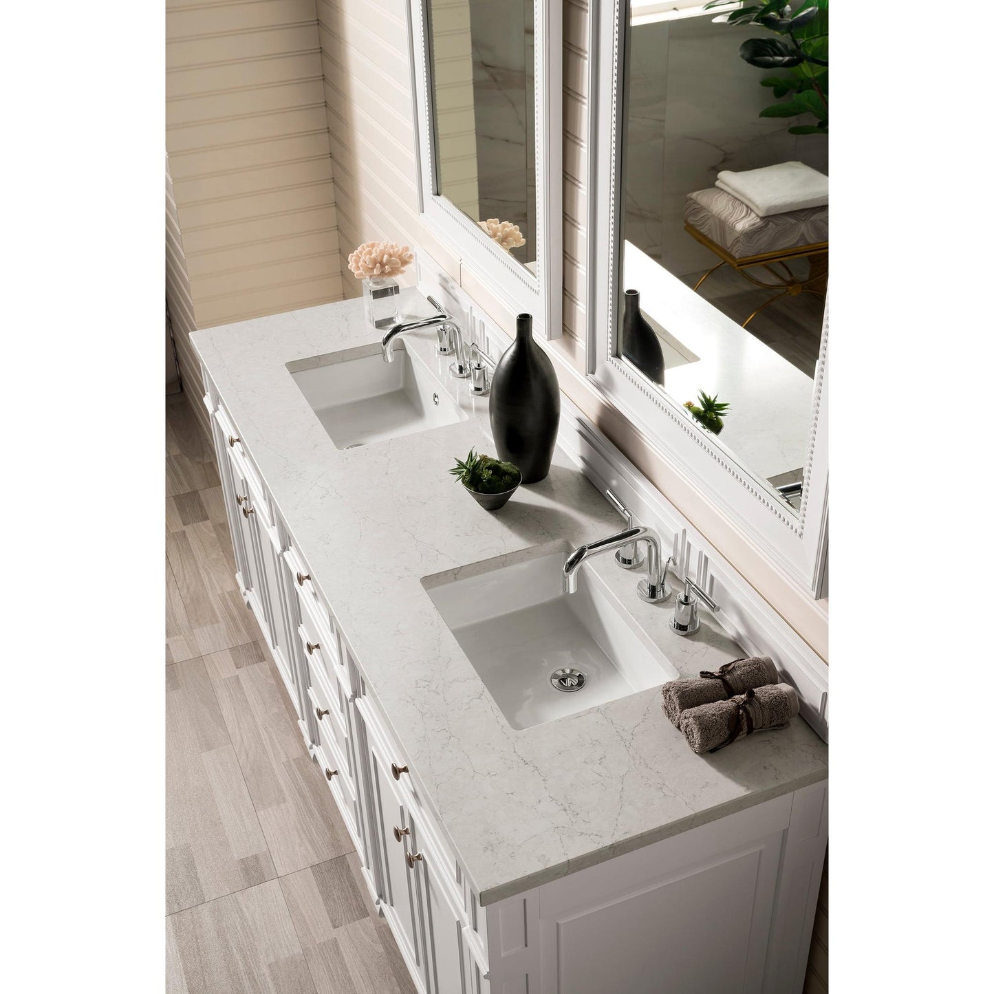 James Martin Vanities Bristol 72" Bright White Double Vanity With 3 cm Eternal Jasmine Pearl Silestone Top and FreePower Wireless Charger