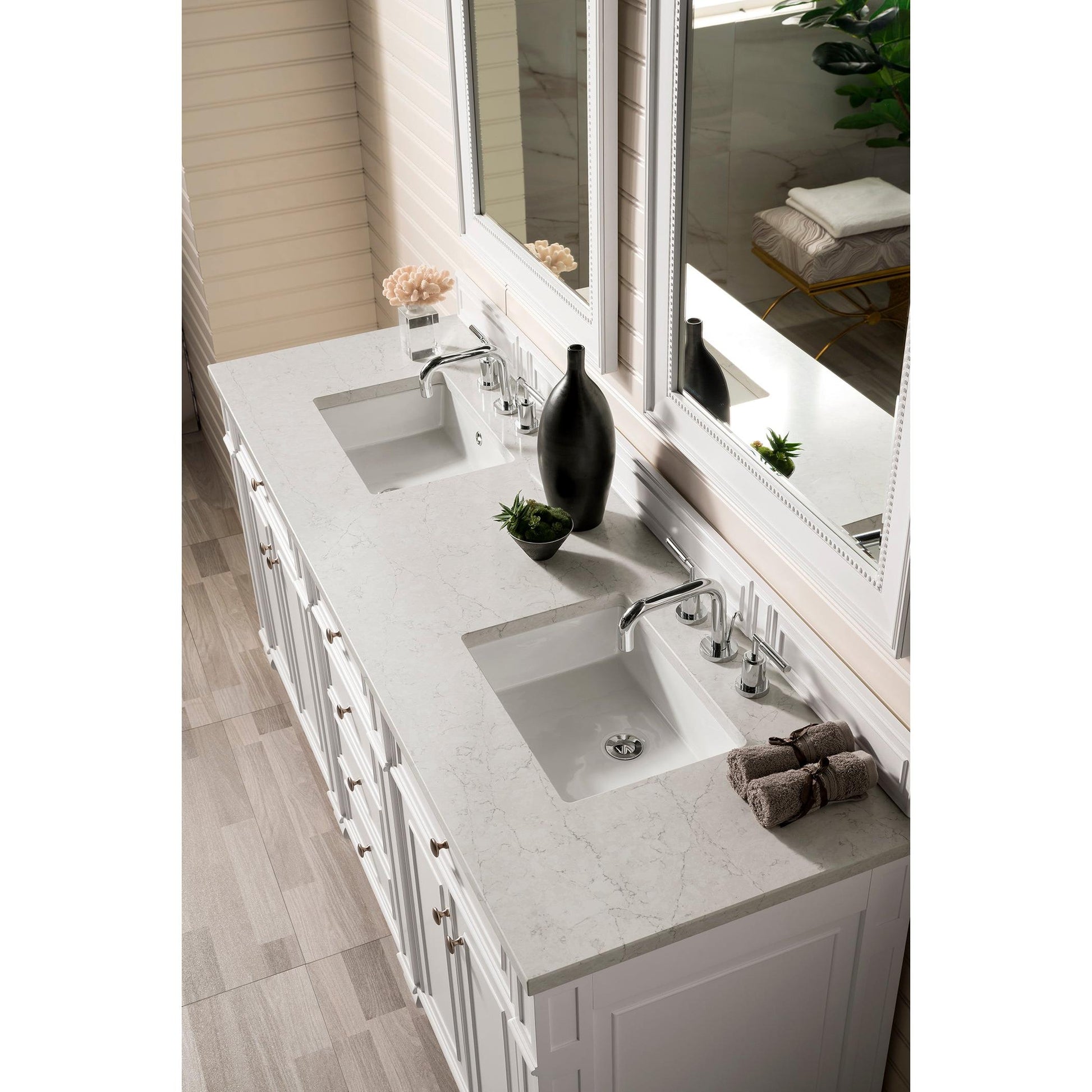 James Martin Vanities Bristol 72" Bright White Double Vanity With 3 cm Eternal Jasmine Pearl Silestone Top and FreePower Wireless Charger