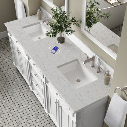 James Martin Vanities Bristol 72" Bright White Double Vanity With 3 cm Eternal Jasmine Pearl Silestone Top and FreePower Wireless Charger