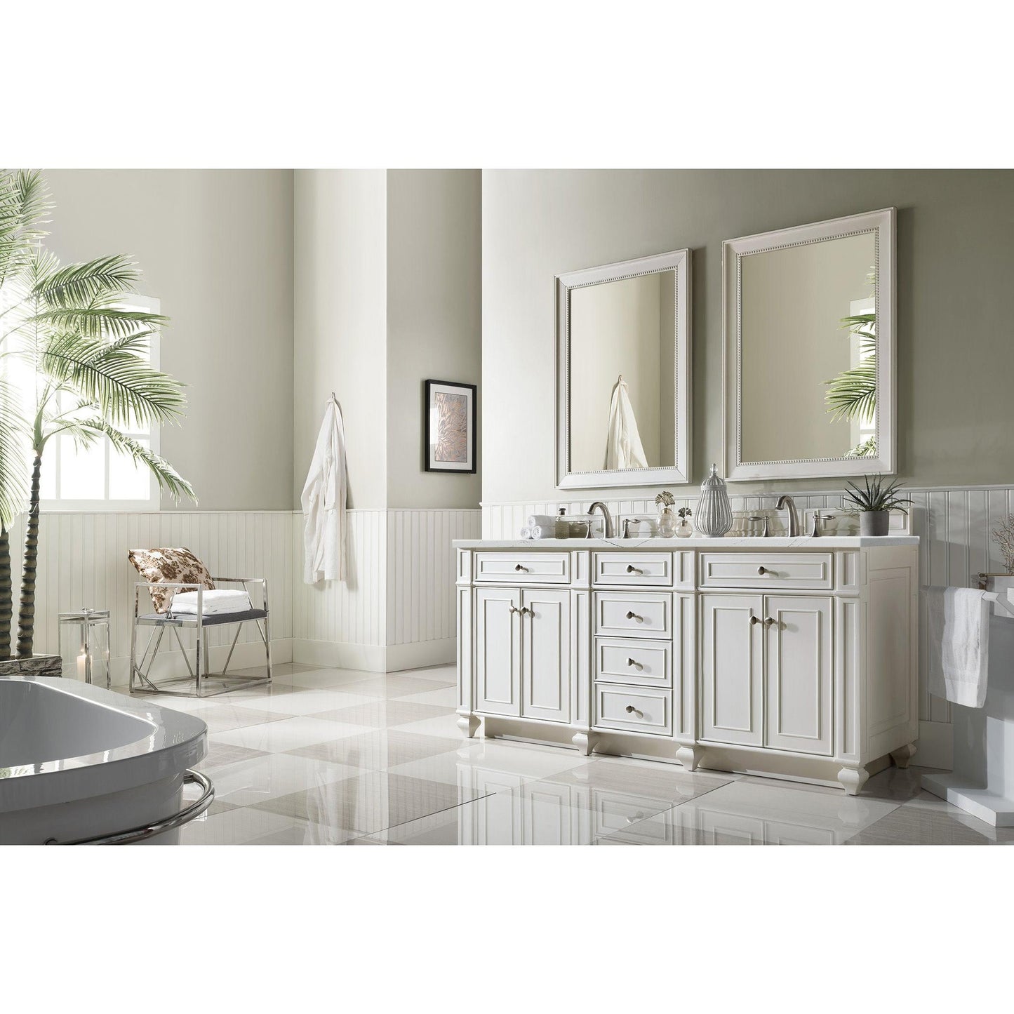 James Martin Vanities Bristol 72" Bright White Double Vanity With 3 cm Ethereal Noctis Silestone Top and FreePower Wireless Charger