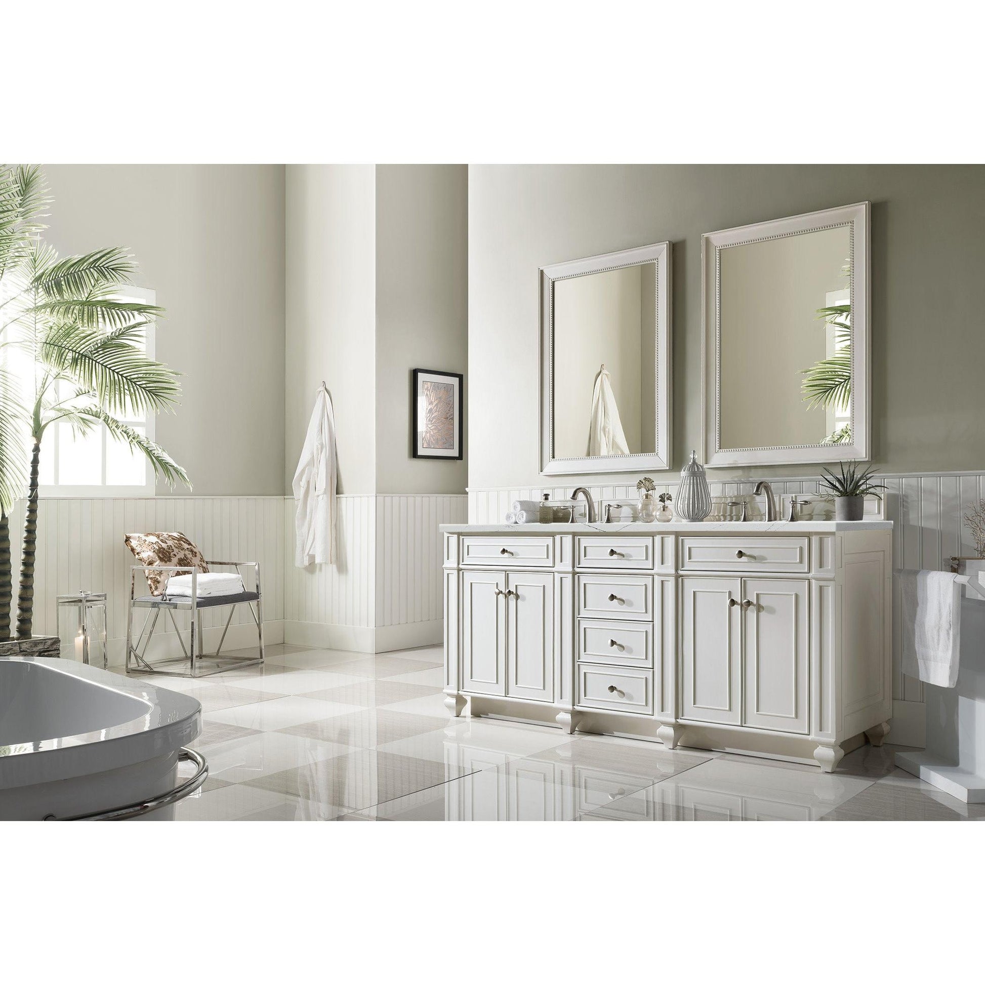 James Martin Vanities Bristol 72" Bright White Double Vanity With 3 cm Ethereal Noctis Silestone Top and FreePower Wireless Charger