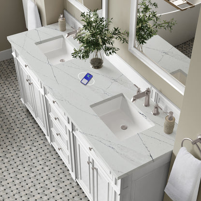 James Martin Vanities Bristol 72" Bright White Double Vanity With 3 cm Ethereal Noctis Silestone Top and FreePower Wireless Charger