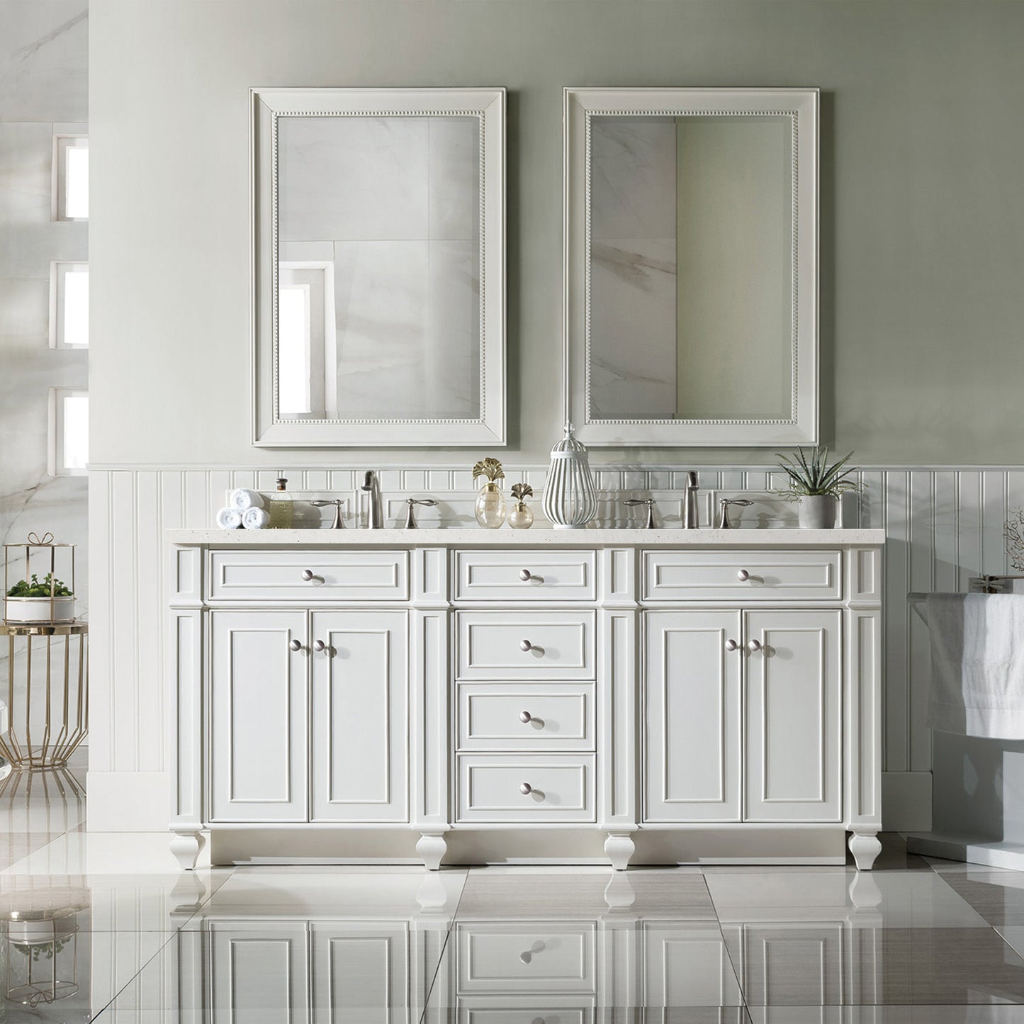 James Martin Vanities Bristol 72" Bright White Double Vanity With 3 cm Lime Delight Quartz Top