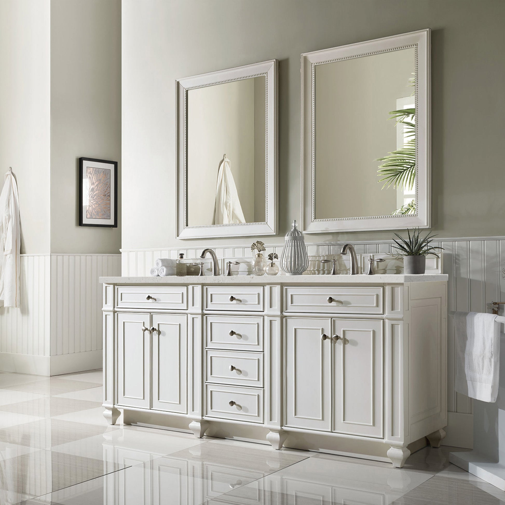 James Martin Vanities Bristol 72" Bright White Double Vanity With 3 cm Lime Delight Quartz Top