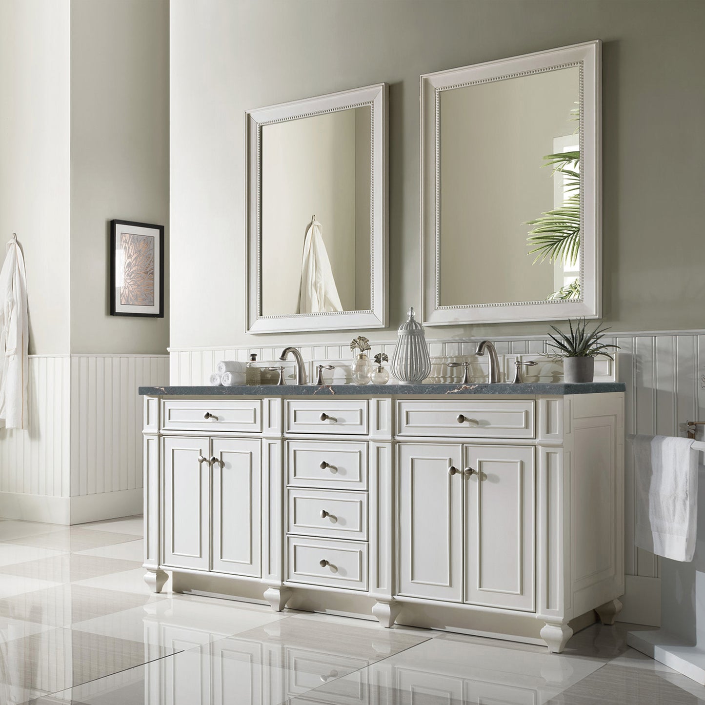 James Martin Vanities Bristol 72" Bright White Double Vanity With 3 cm Parisien Bleu Silestone Top and FreePower Wireless Charger