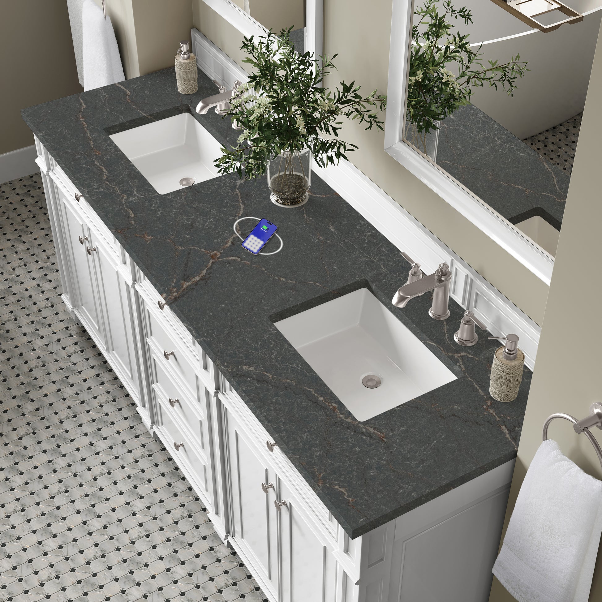 James Martin Vanities Bristol 72" Bright White Double Vanity With 3 cm Parisien Bleu Silestone Top and FreePower Wireless Charger
