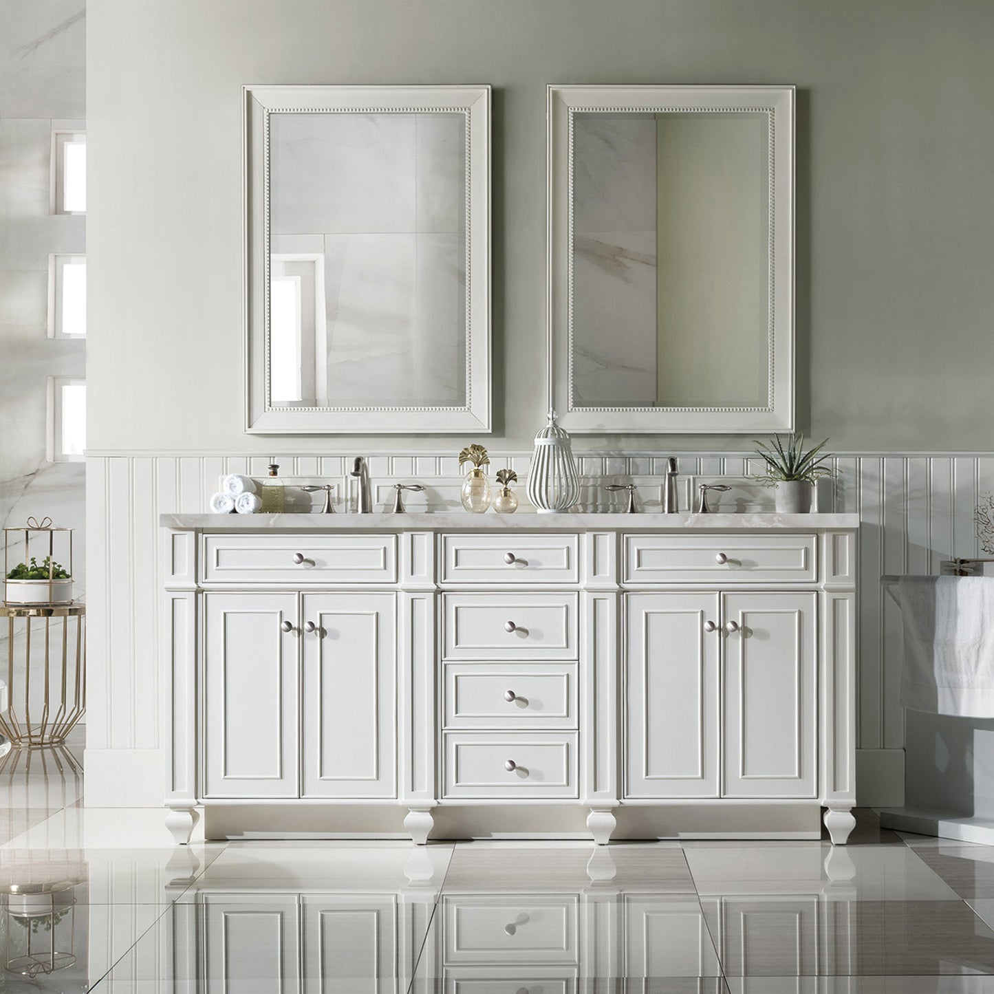 James Martin Vanities Bristol 72" Bright White Double Vanity With 3 cm Victorian Silver Quartz Top