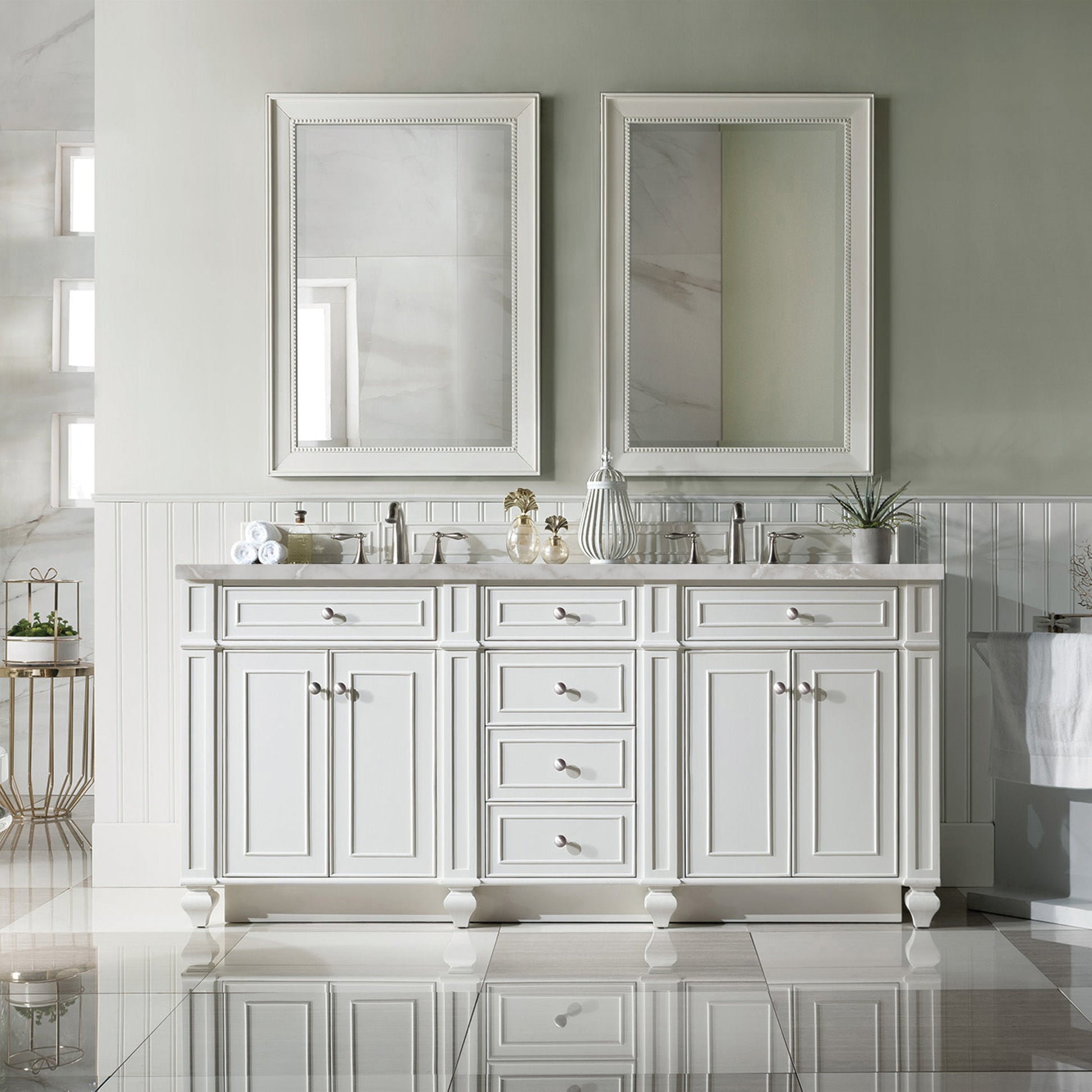 James Martin Vanities Bristol 72" Bright White Double Vanity With 3 cm Victorian Silver Quartz Top