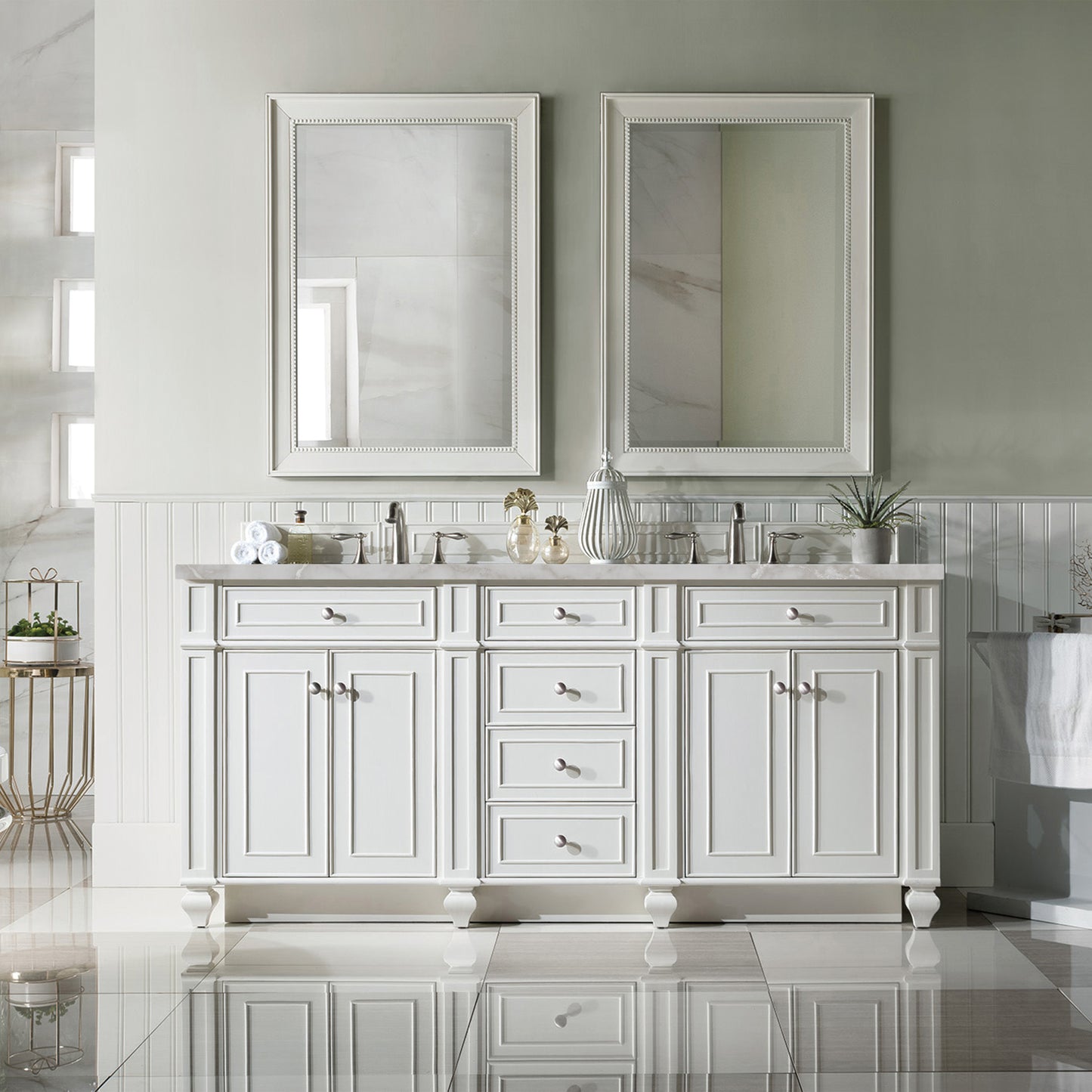 James Martin Vanities Bristol 72" Bright White Double Vanity With 3 cm Victorian Silver Silestone Top and FreePower Wireless Charger