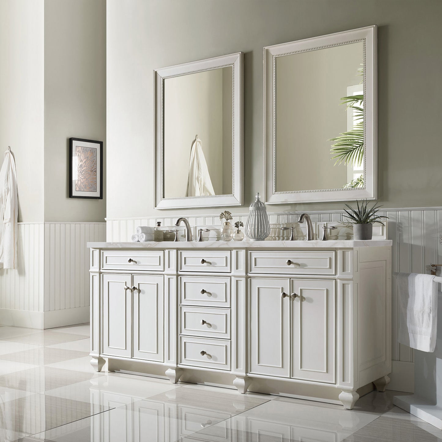 James Martin Vanities Bristol 72" Bright White Double Vanity With 3 cm Victorian Silver Silestone Top and FreePower Wireless Charger
